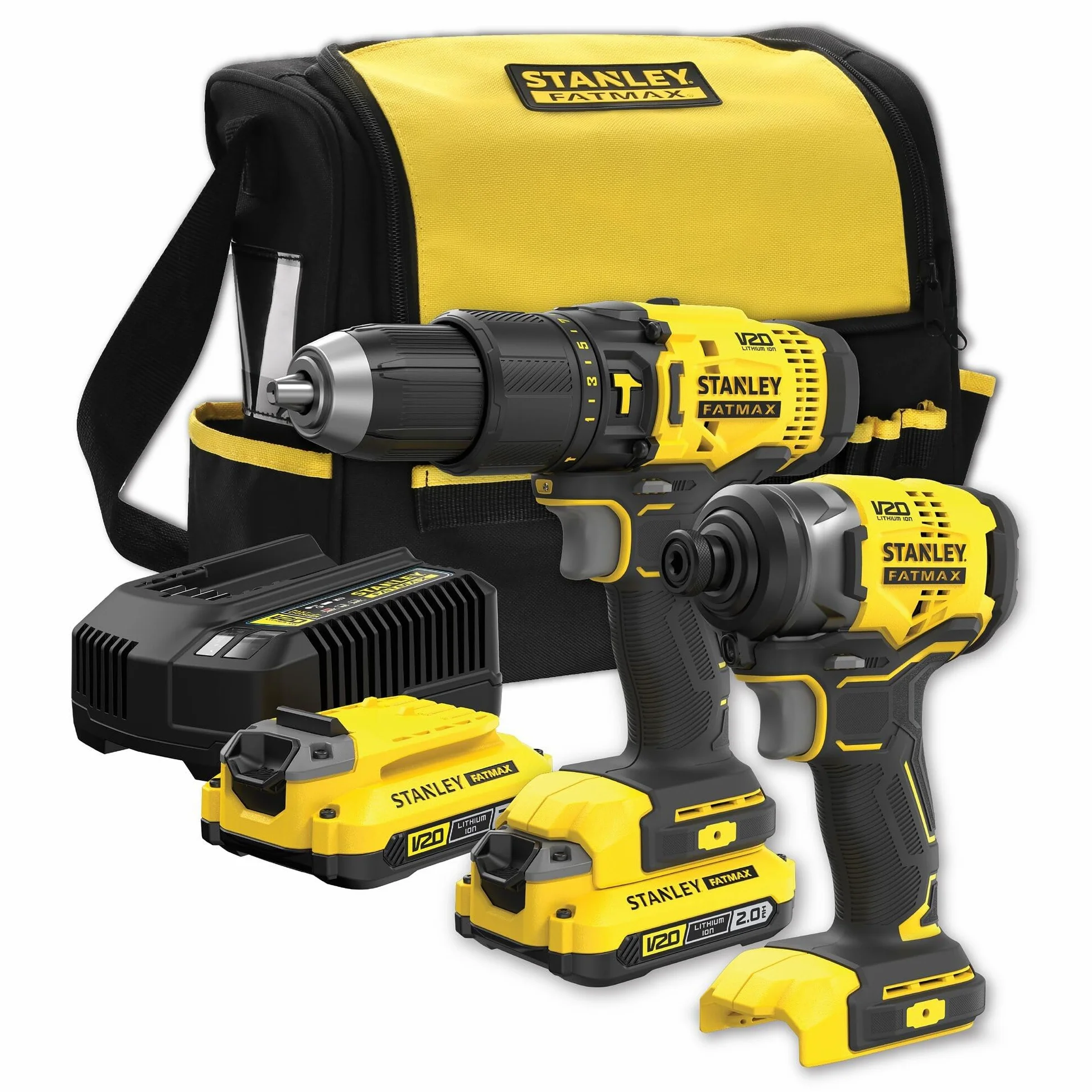 STANLEY FATMAX SFMCK465D2S-QW , Kit batteria Stanley Fatmax V20 18 V - trapano a percussione a batteria, avvitatore a percussione a batteria, 2 batterie al litio da 2,0 Ah, 1 caricatore, borsa