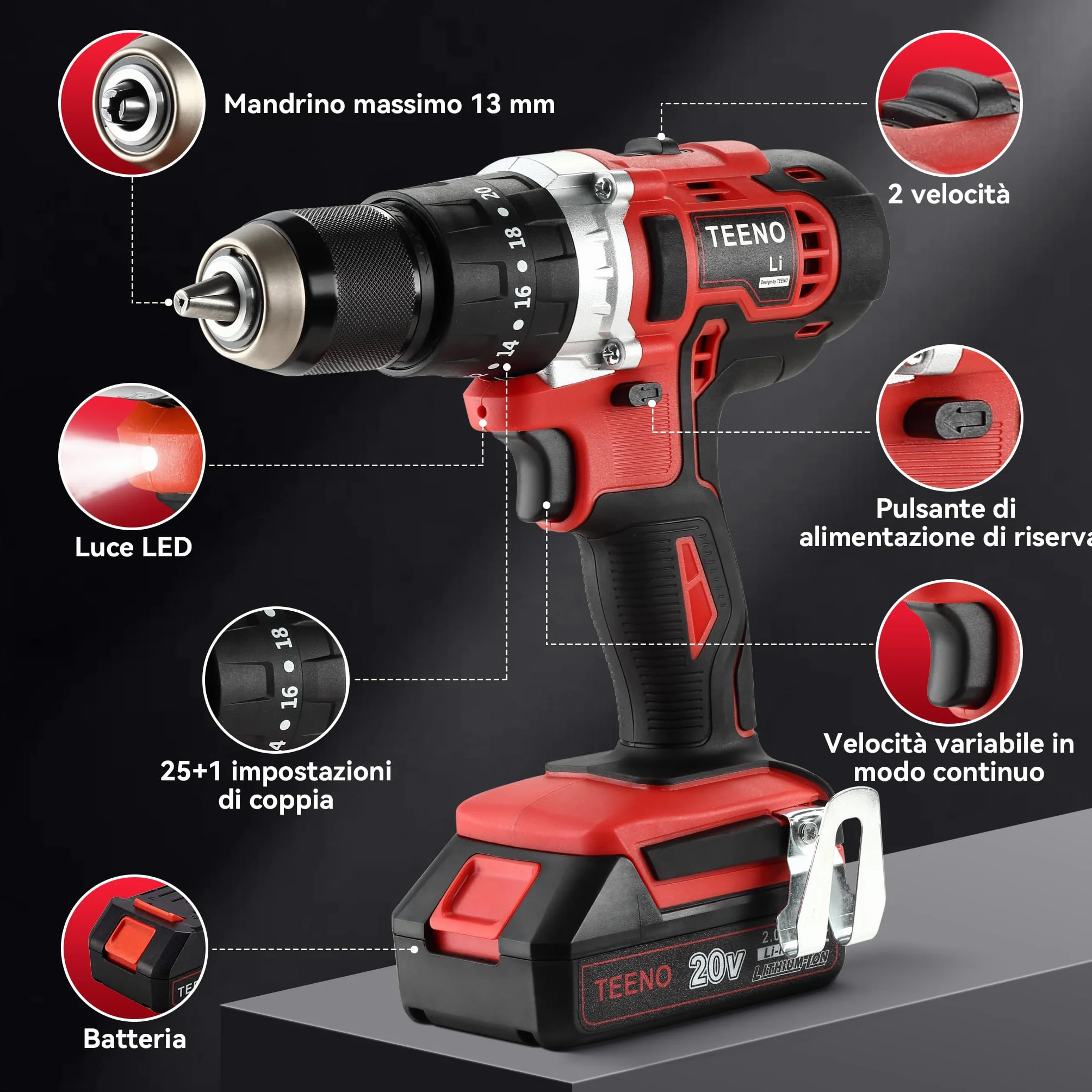 TEENO Kit di utensili 3 pezzi (avvitatore a impulsi senza fili + trapano a percussione + smerigliatrice angolare senza fili) 20V 2xbatteria 3Ah