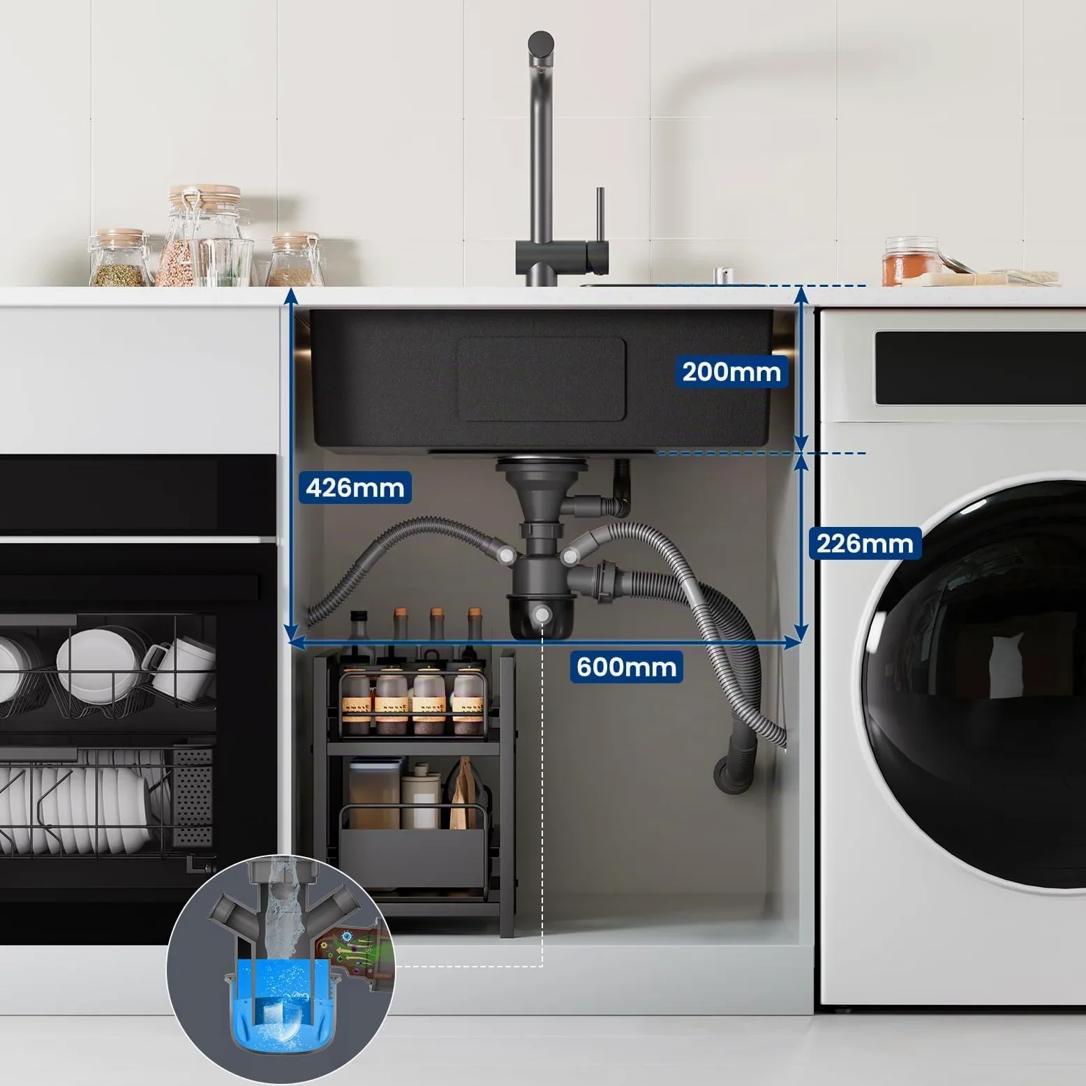 CECIPA 60x49 cm Lavello Nero 1 Vasca in Acciaio Inox, Lavandino Cucina 1 Vasca con Dispenser Sapone e Cestello, Lavello Cucina per Mobile da 60cm, da Incasso o Banco, con Sifone e Scarico