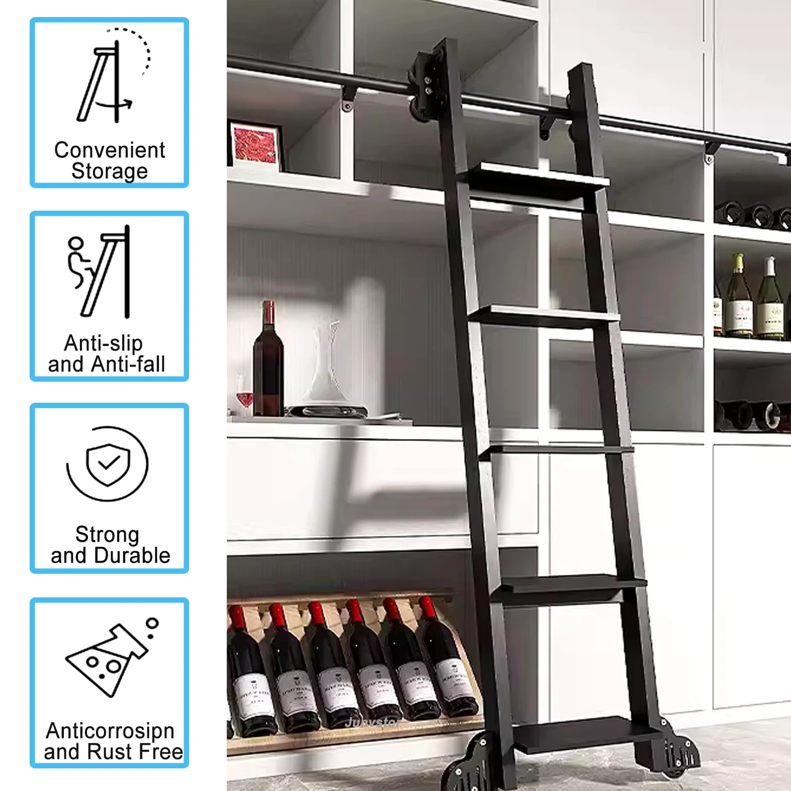 Scala in legno con rotelle, ferramenta scorrevole per biblioteca, binario per scale, rulli per pavimenti con freno, nero (senza scala), sistema di binari per scale mobili ufficio biblioteca soppalco(2