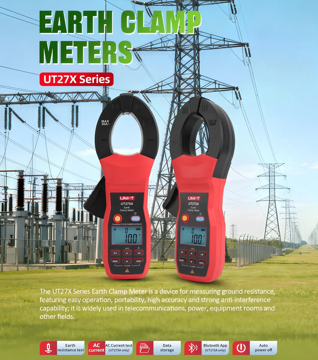 Misuratore di resistenza di terra a pinza UNI-T UT272A – 0,010 Ω-400 Ω, design a pinza, registrazione dati 500