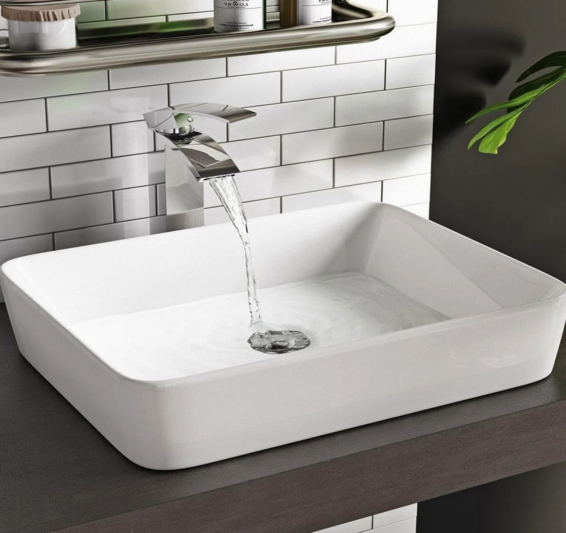LIFEZEAL Lavandino Bagno, Lavabo da Appoggio, 60 x 35 x 11 cm, Lavabo Bagno, Glassa in Porcellana, Rettangolare, Scarico Escamotable, Ideale per Casa Ristorante e Hotel, Bianco