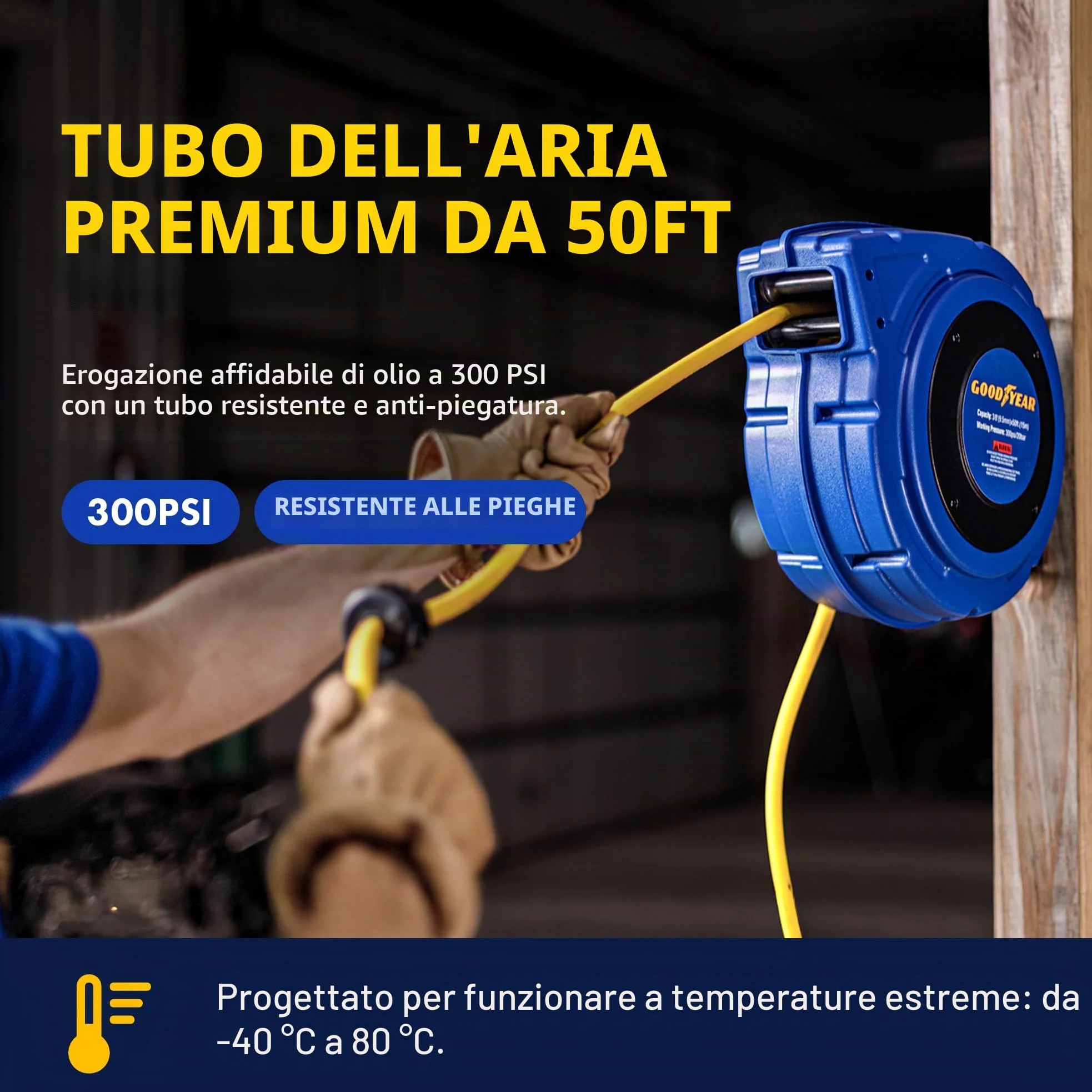 Goodyear 27527153g Chiuso Retrattile compressore d'Aria/Acqua avvolgitubo con 3/8 in. x 50 ft. Ibrida Polymer Tubo Flessibile, Max. 300psi