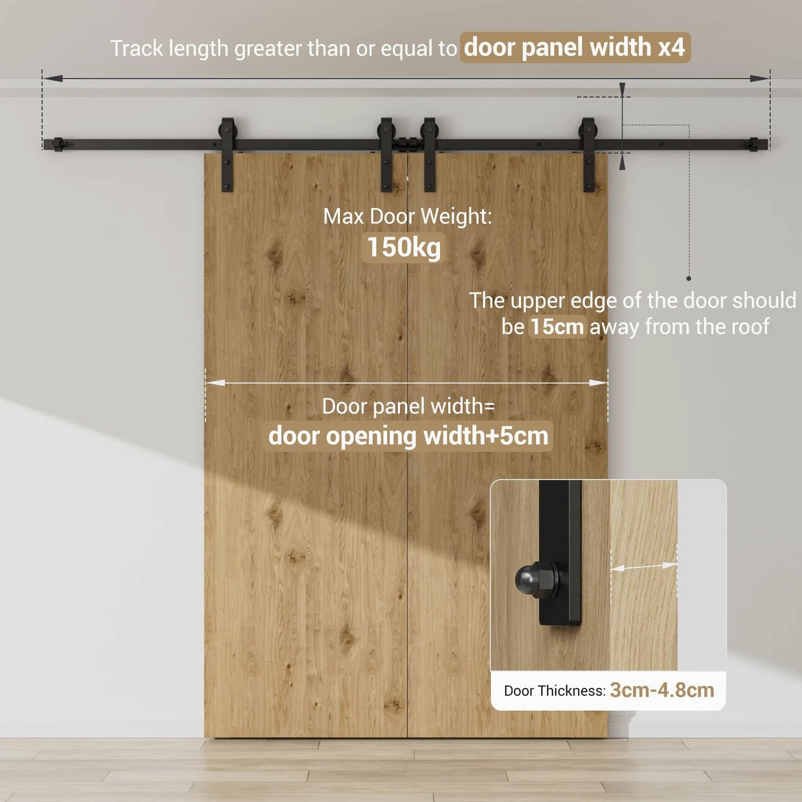CCJH Binario per Porta Scorrevole Kit Doppia Anta Esterno Muro 6.6FT-203cm in Stile Rustico Classico Rulli Forma Hardware in Acciaio al Carbonio Nero
