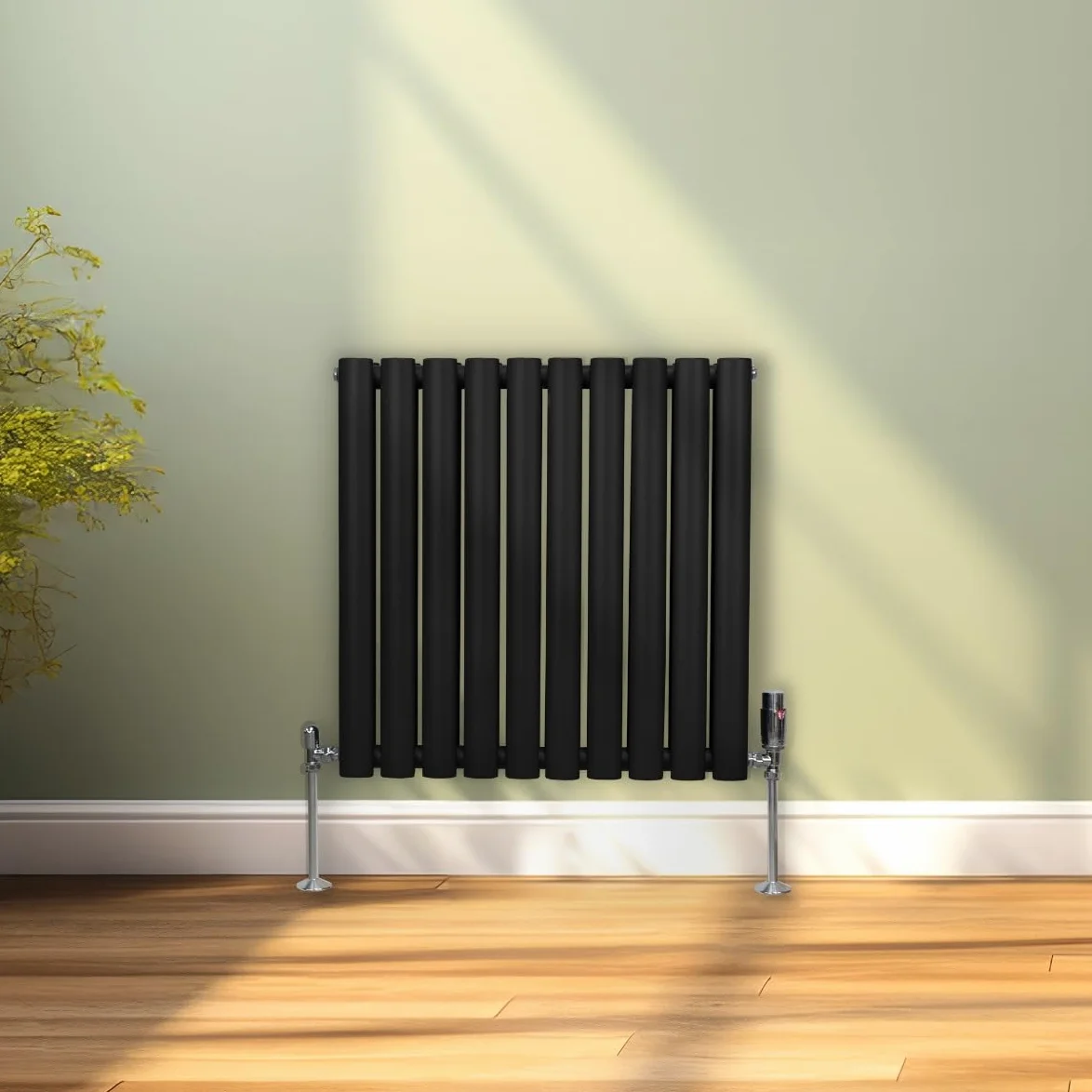 Radiatore a colonna ovale 600 mm x 600 mm Designer Doppio pannello Termosifone Nero Acciaio Inclusi Spazzola per la pulizia Kit di fissaggio e staffe