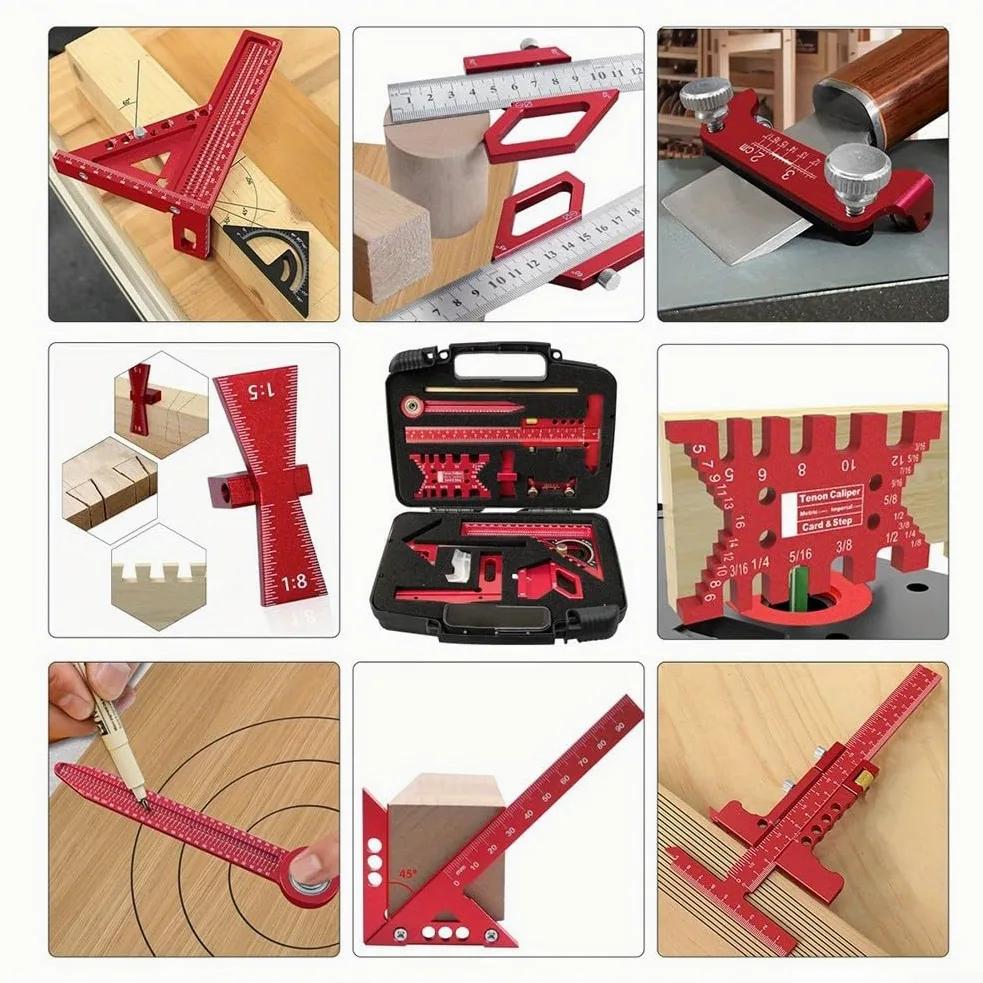 Kit di strumenti di misurazione, set di strumenti di misurazione per la lavorazione del legno con scatola di stoccaggio, righello per carpentiere, calibro per officina fai-da-te professionale (9 pezzi
