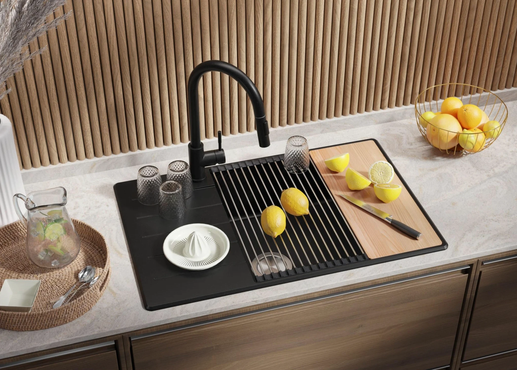 PRIMAGRAN Lavandino da Cucina Nero 78x50cm, Lavello in Granito a 1 vasca + Rubinetto 40x38cm + Set di accessori, Lavabo da Cucina Incasso al Mobile 60cm - Copenhagen Top S613