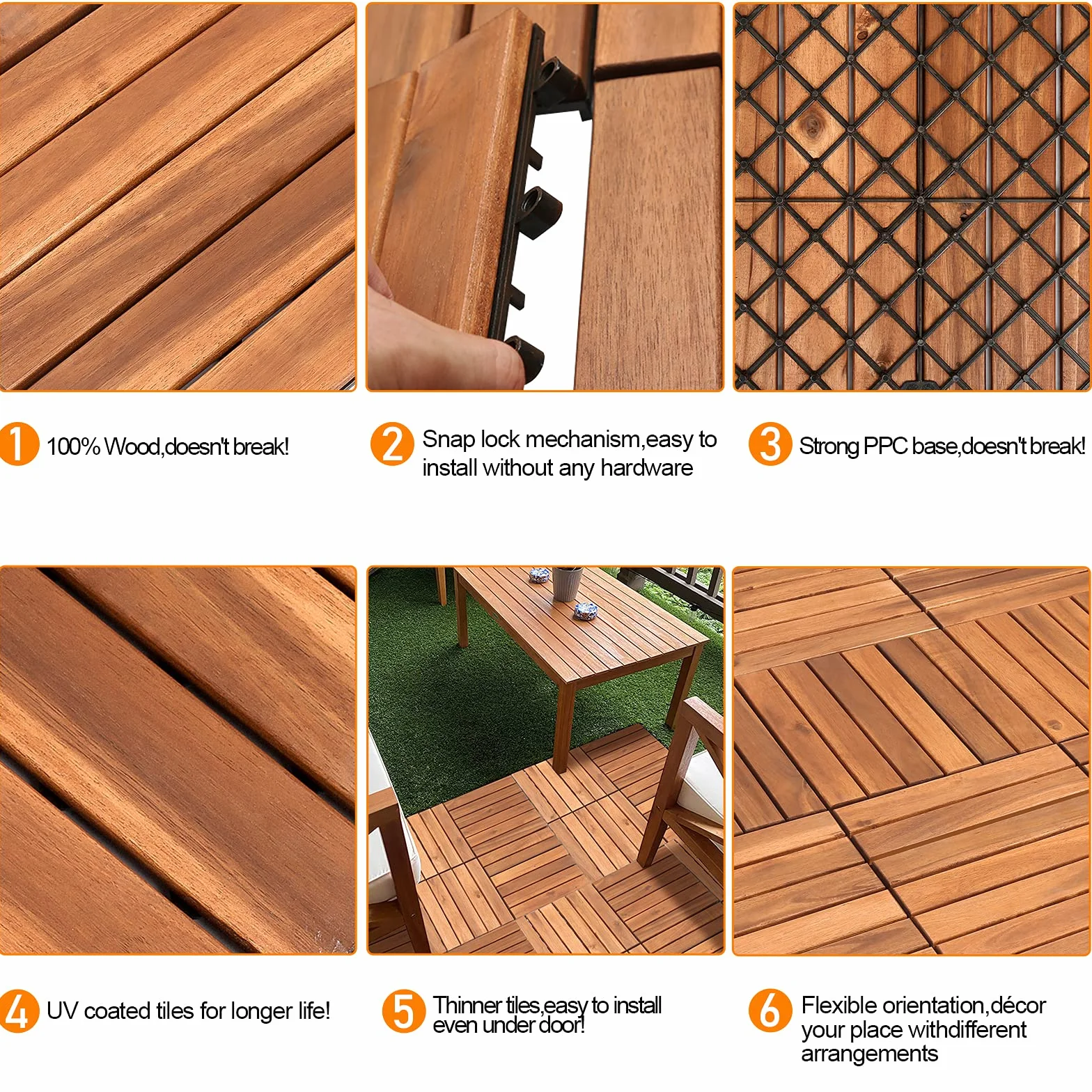 Randaco Piastrelle in legno, per terrazze, in legno di acacia, 30 x 30 cm, set da 55 piastrelle, 5 m², con drenaggio per esterni, giardino, terrazza