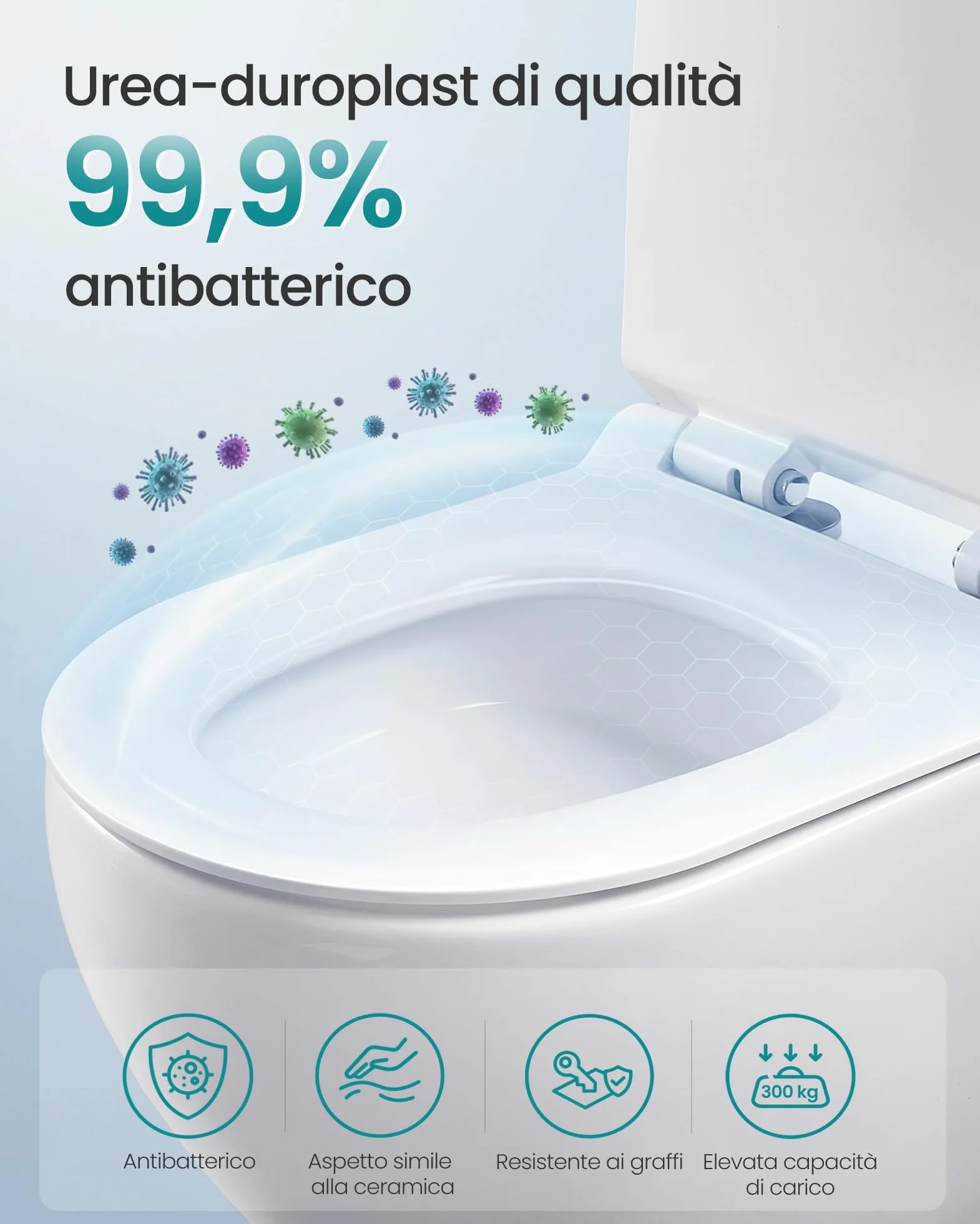 SONGMICS Sedile WC a Forma di D Lungo, Copriwater a Chiusura Rallentata, Sgancio Rapido, Asse WC Universale Facile da Montare, Sedile Water in Urea-duroplast, Regge 300 kg, Bianco BTL102WZ01