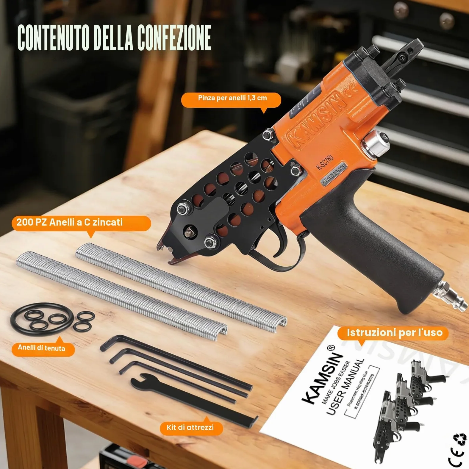 KAMSIN K-SC760 Pistola pneumatica ad anello a C, calibro 16, Diametro di chiusura di 3,0 mm Strumento di pinza per anelli di maiale a risparmio di manodopera per gabbie