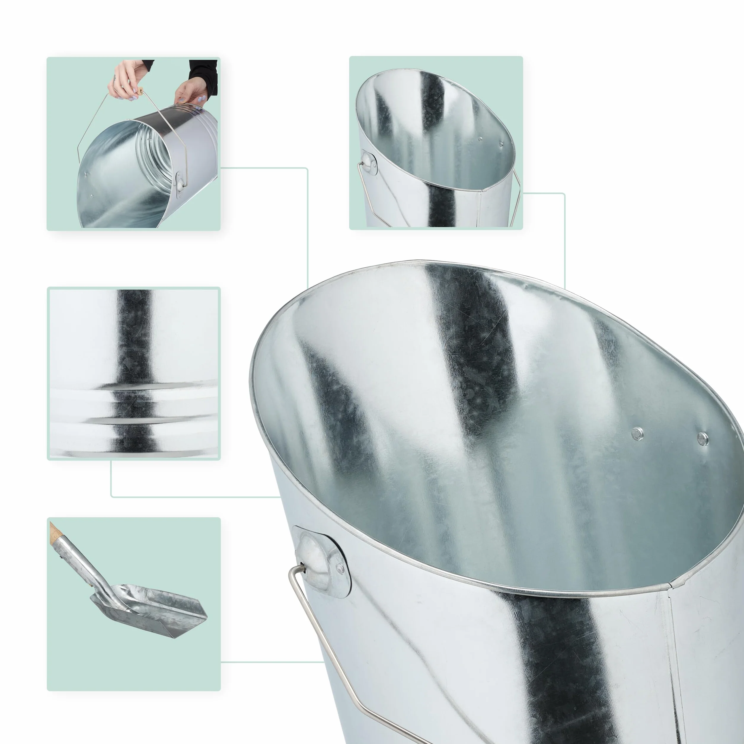 Relaxdays Secchio Raccogli Cenere con Manico e Pala, Cesto Carbone 10 L, Secchiello per Camino e Stufa, Ferro, Argento