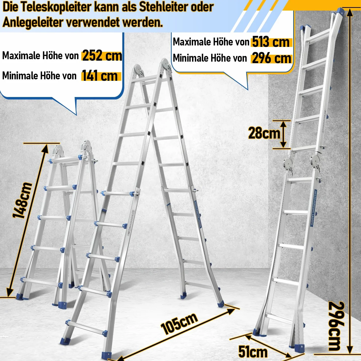 Scala Multiuso in Alluminio 4 in 1 - 513 cm, 4 x 5 Pioli, Telescopica, Capacità 150 kg, a Scorrimento Con Supporto Su Entrambi i Lati