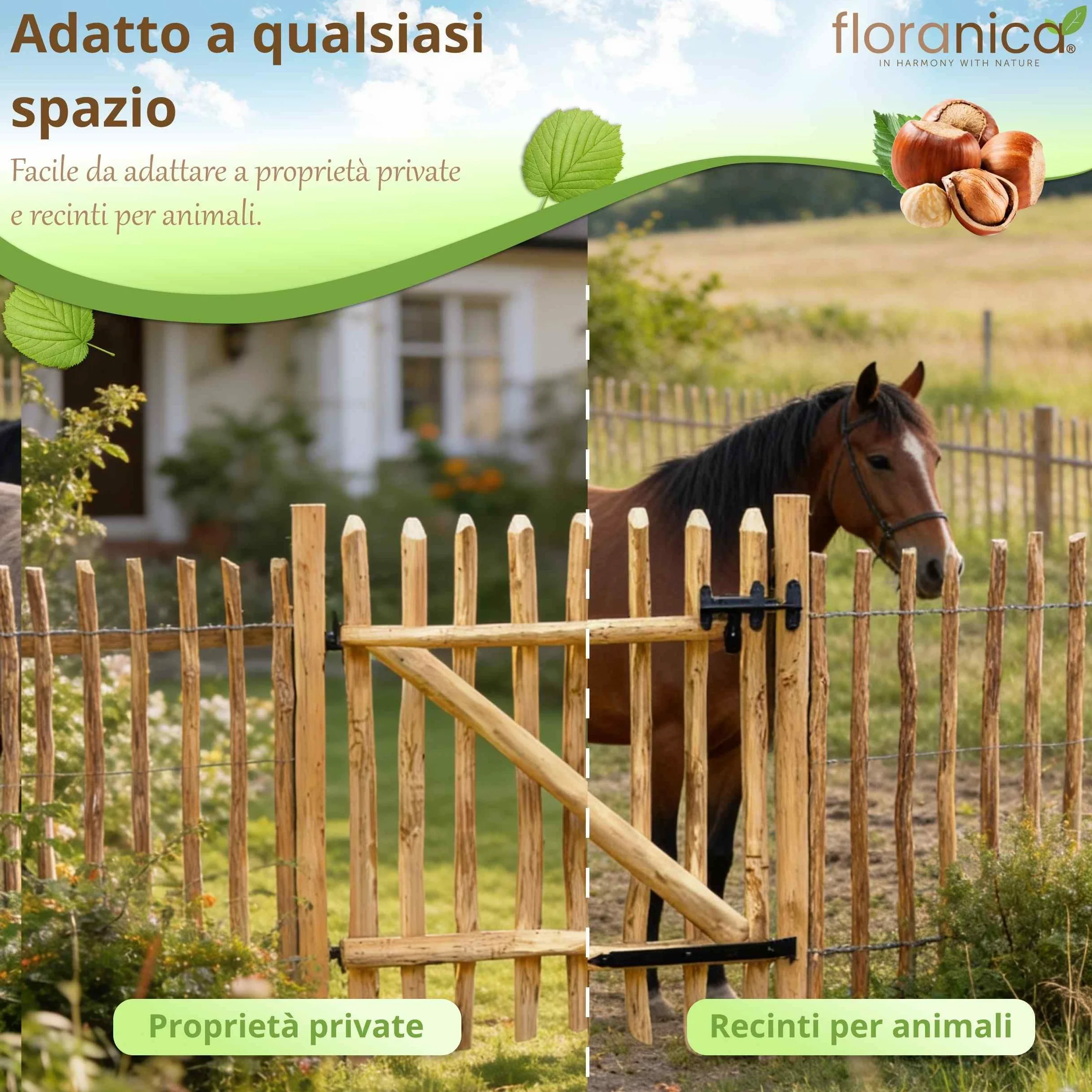 Floranica Cancello da giardino in legno di nocciolo per recinzione a paletti Altezza 115 cm x 100 cm 1 anta – pronto al montaggio incl. cerniere