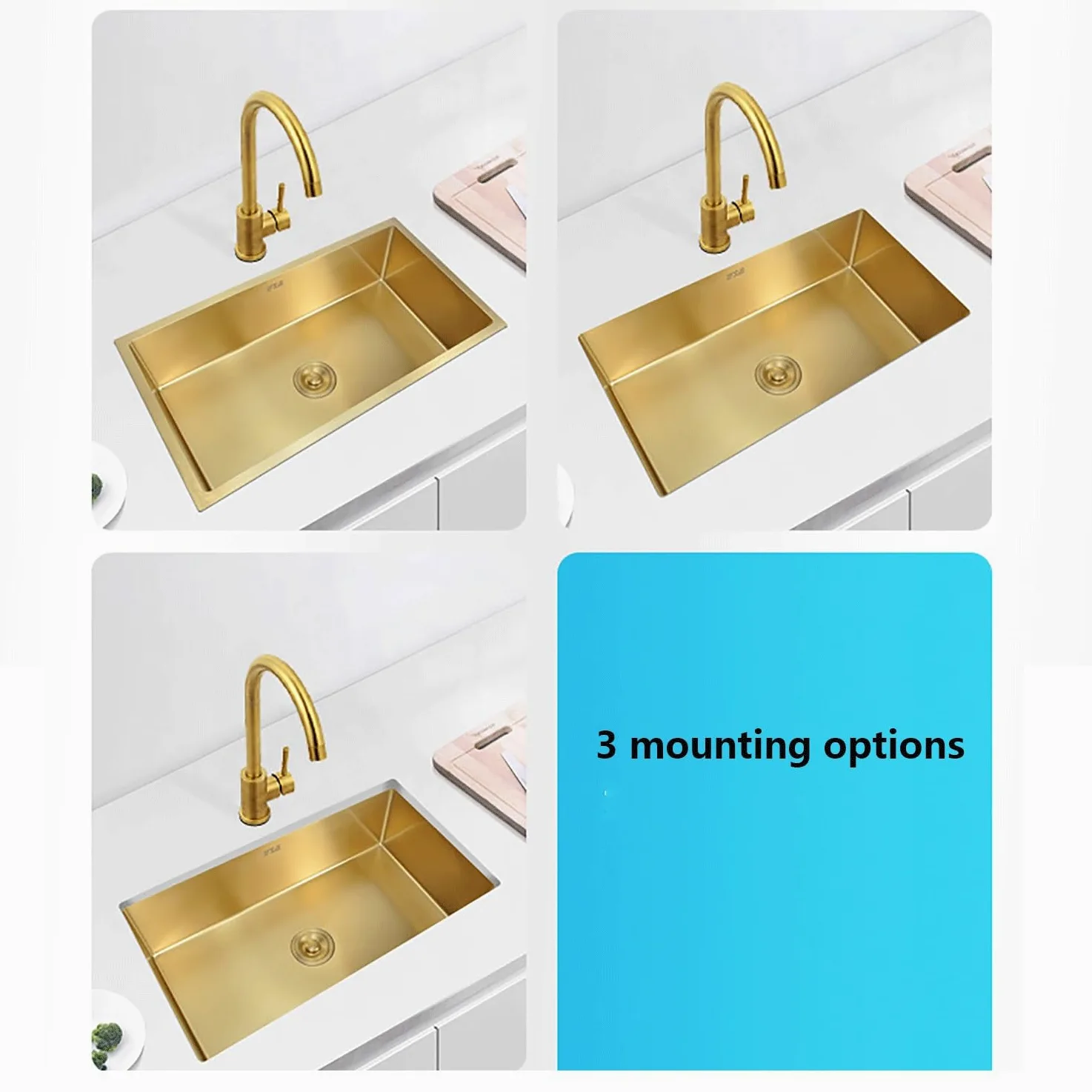 Lavello da cucina in oro Lavandino in Acciaio Inox Vasca Unica Lavabo da Cucina Incasso al mobile Lavandino Commerciale Con miscelatore Cestello di scarico for cucine,balconi,bar(60*40cm(23.6"*15.7"))
