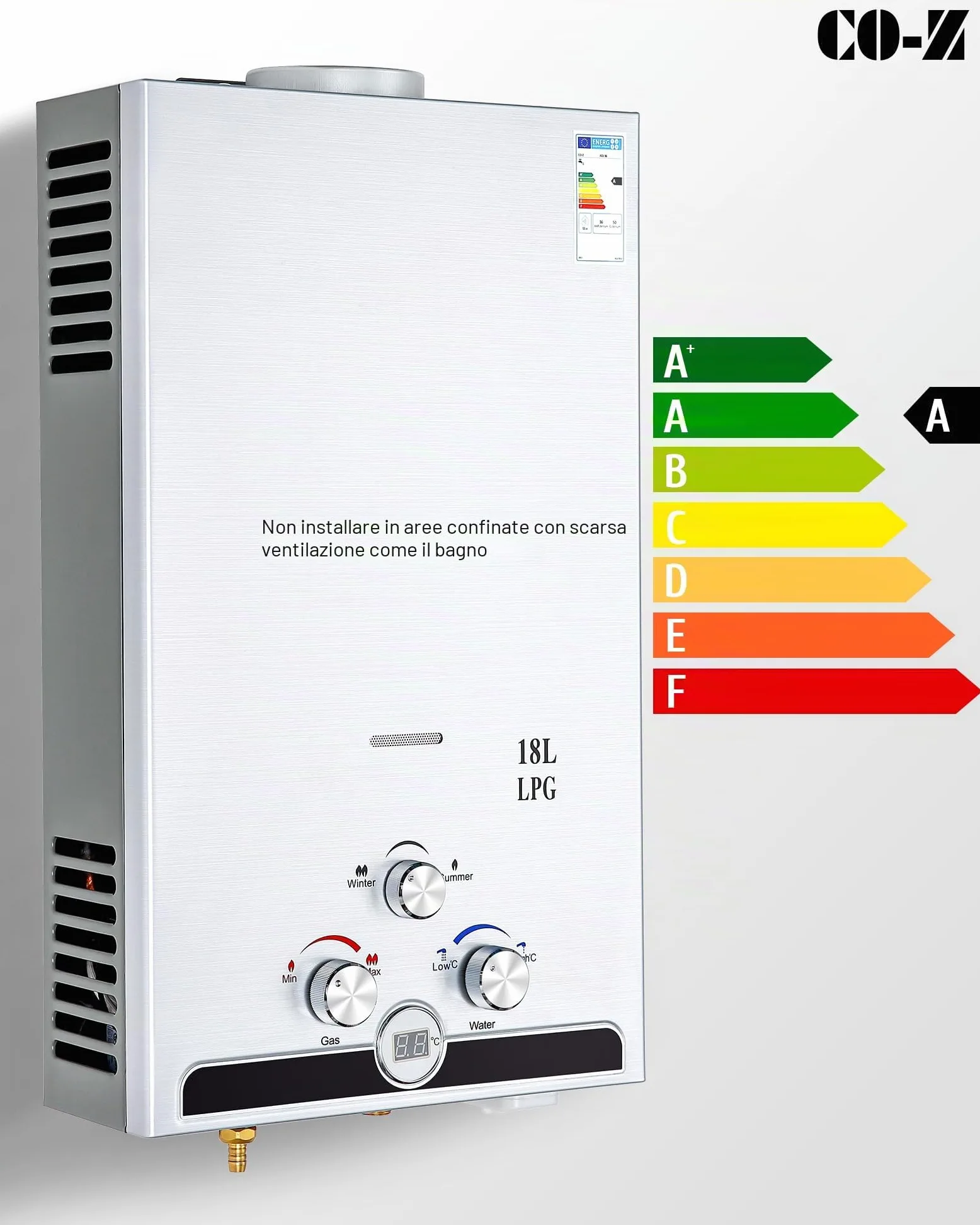 CO-Z 18L/min Scaldabagno a Gas GPL con Modalità Inverno ed Estate 30.6 kW Caldaia a Gas GPL a Parete senza Serbatoio Scaldabagno a Gas Butano con Anima in Rame e Display a LED