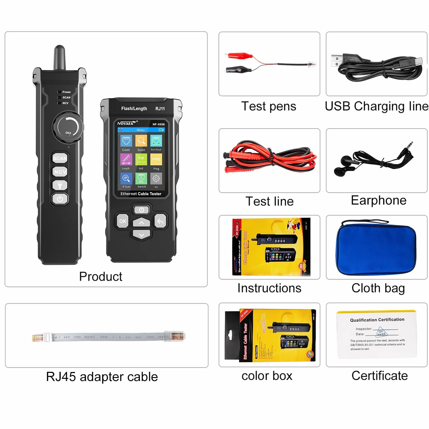 NOYAFA Tester di rete con scansione IP, test PING e switch rate, mappatura dei cavi di rete TDR, tester per cavi Ethernet RJ11 RJ45 per test PoE Cat5/Cat6, NF-8506