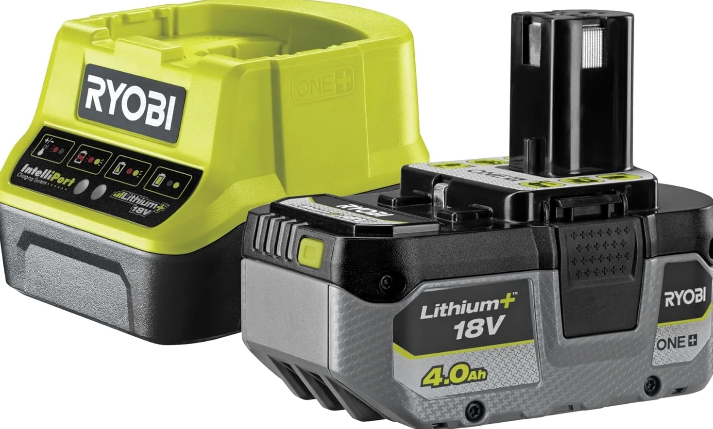 Ryobi RC18120-140XG, Kit Batteria al Litio 18V One+ 4.0Ah e Caricabatteria Rapido 2.0A, Batteria di Lunga Durata con 4 Indicatori dello Stato di Carica, Tecnologia IntelliCell, Fai da Te