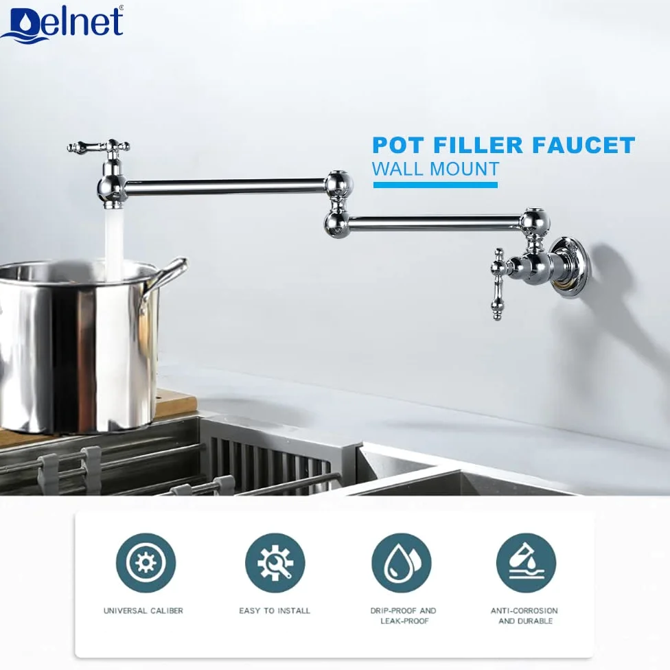 Rubinetto di Riempimento del Vaso in Ottone Massiccio - Pieghevole per Lavello da Cucina, Singolo Foro, Due Maniglie, a Parete Girevole, Pot Filler Tap Chrome