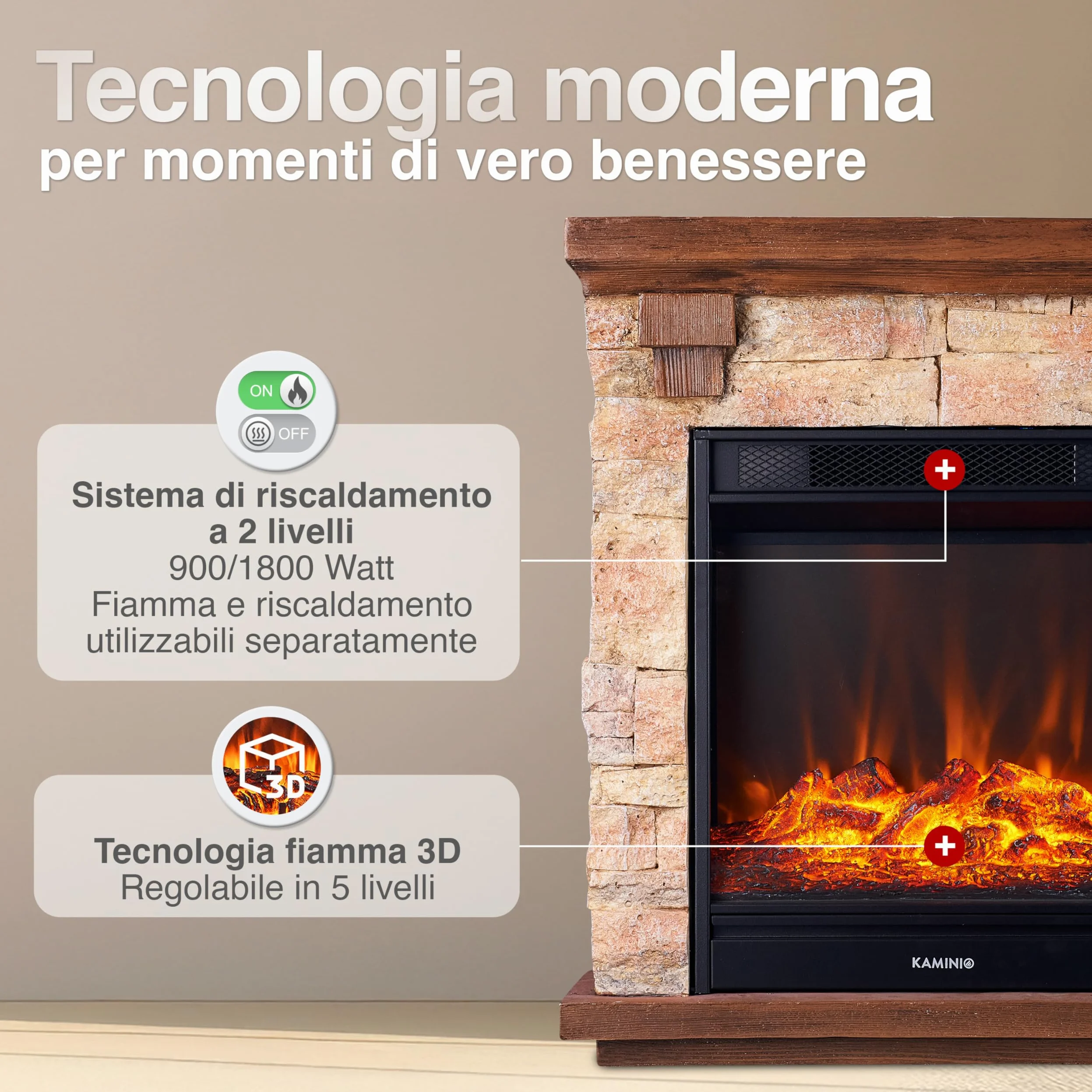 KAMINIO Camino elettrico Juan - Caminetto elettrico a pavimento in effetto pietra con riscaldamento, effetto fiamma 3D, telecomando (Beige)
