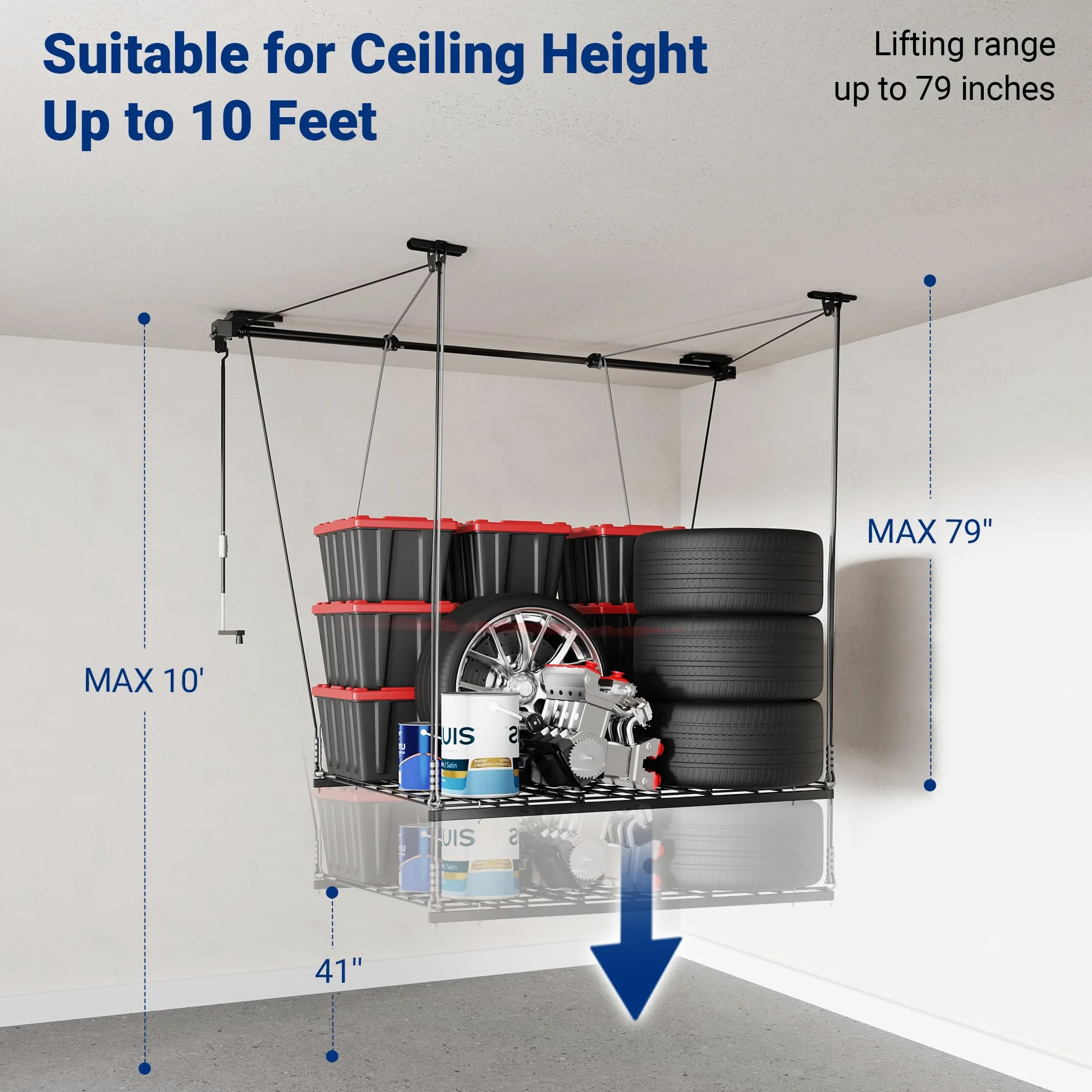 FLEXIMOUNTS GL1 - Scaffale di sollevamento per garage, 1,2 x 1,2 m, in metallo resistente, sistema di organizzazione regolabile con asse da 180 cm, peso 136 kg, nero