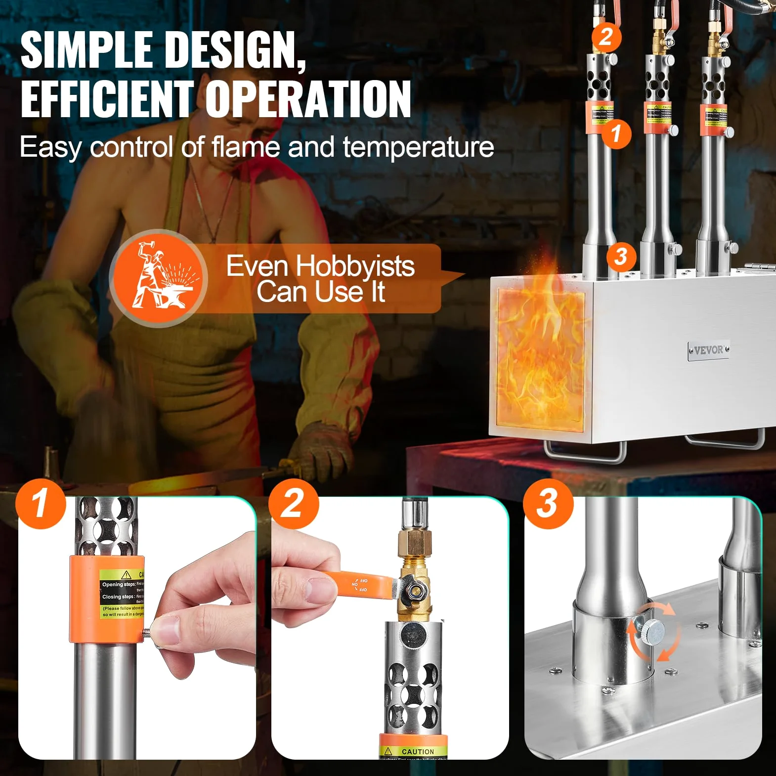 VEVOR Forgia a gas propano portatile, forno a gas quadrato con 3 bruciatori, temperatura max 1427 ℃, utensili e attrezzature per forgiatura a gas in acciaio inox, per colteliere Maréchaux-Ferrants