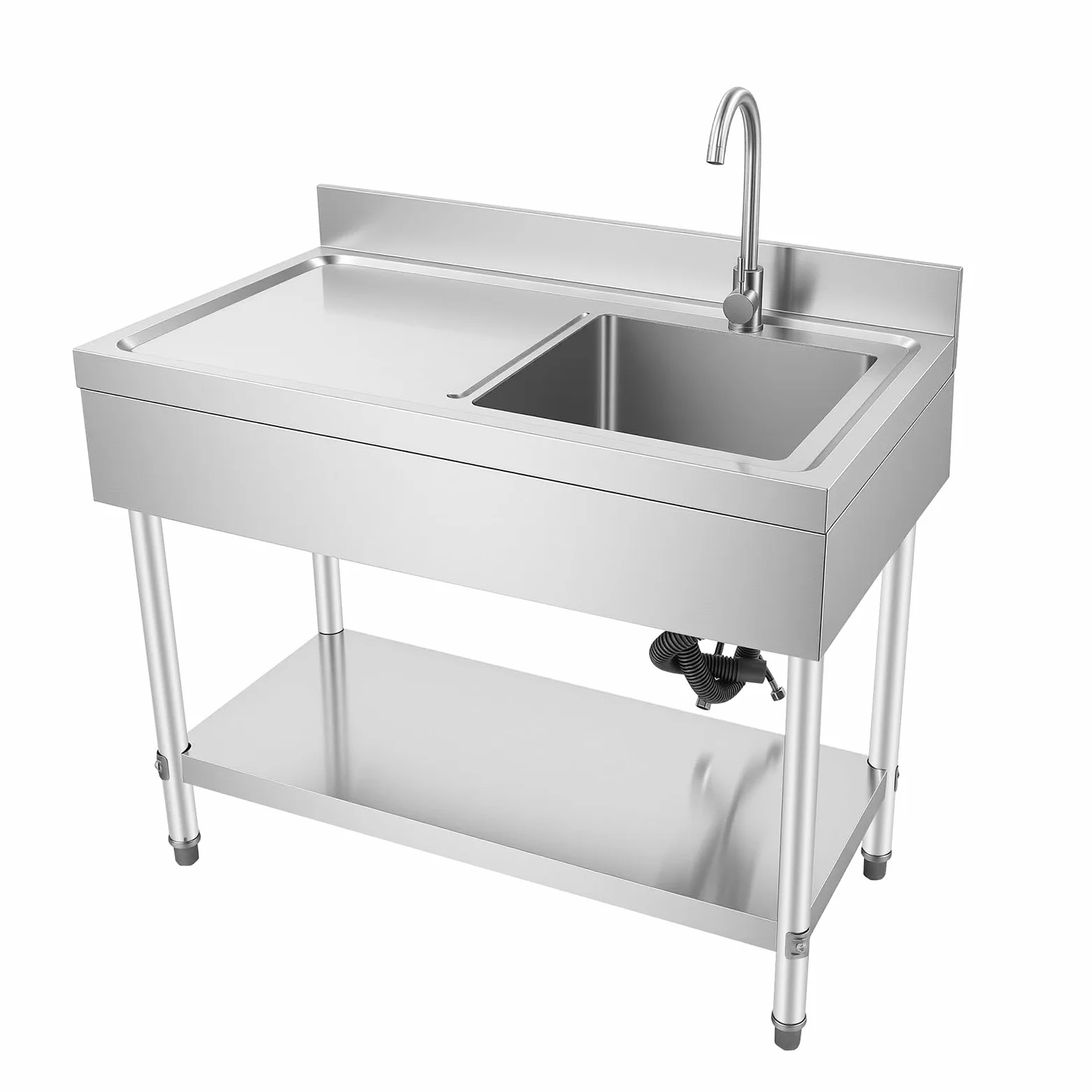 Lavelli da cucina commerciali 100 x 60 x 80 cm, in acciaio inox con capacità di carico 300 kg. Lavello in acciaio inox spazzolato con 1 vasca (a destra) con rubinetto, tubo di scarico, filtro per