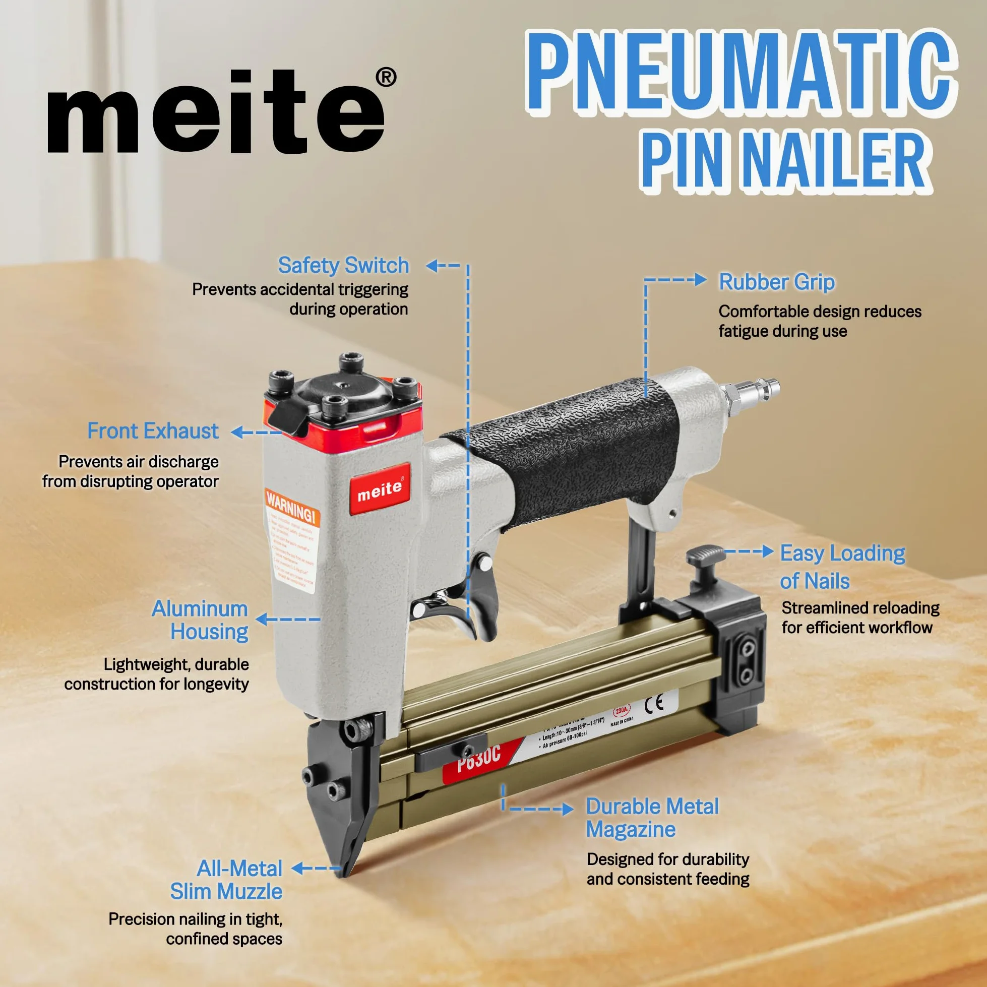 meite Chiodatrice a perno calibro 23 con 6000 chiodi (3/8", 1/2", 5/8", 3/4", 2,5 cm), pistola pneumatica chiodatrice per pin, accetta chiodi da 3/8" a 1-3/16", ideale per armadi, artigianato