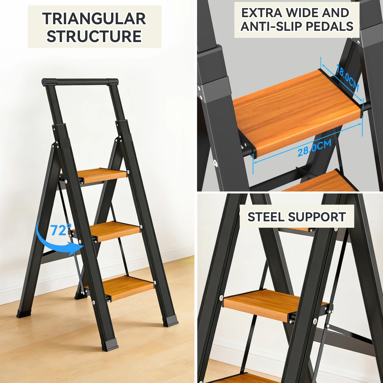 KULACO Scala a gradini pieghevole 3 gradini con corrimano estensibile, scala in alluminio antiscivolo & extra larga, leggera fino a 150 kg, scala domestica compatta per cucina, casa, garage
