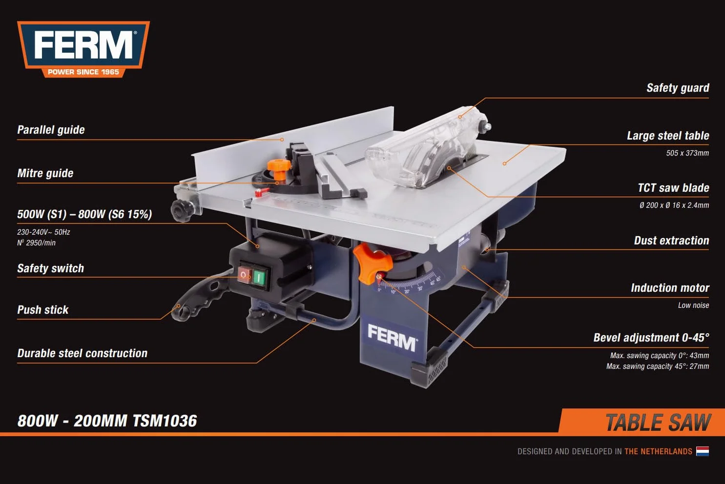 FERM Sega da Tavolo 800W. Include Lama per Sega ø 200 mm 24 denti, guida parallela, chiave inglese e collegamento aspirapolvere