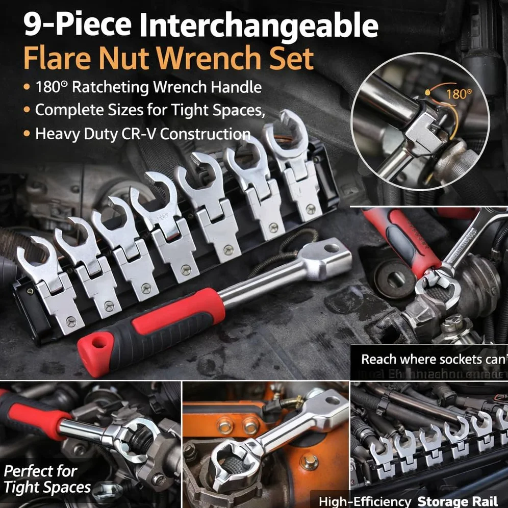 ViaGasaFamido Adattatore per Chiave a Cricchetto con 8 Testine Girevoli 180 Gradi, Acciaio Cromo Vanadio, 9-19mm, Set Sostituibile per Manutenzione Auto e Moto
