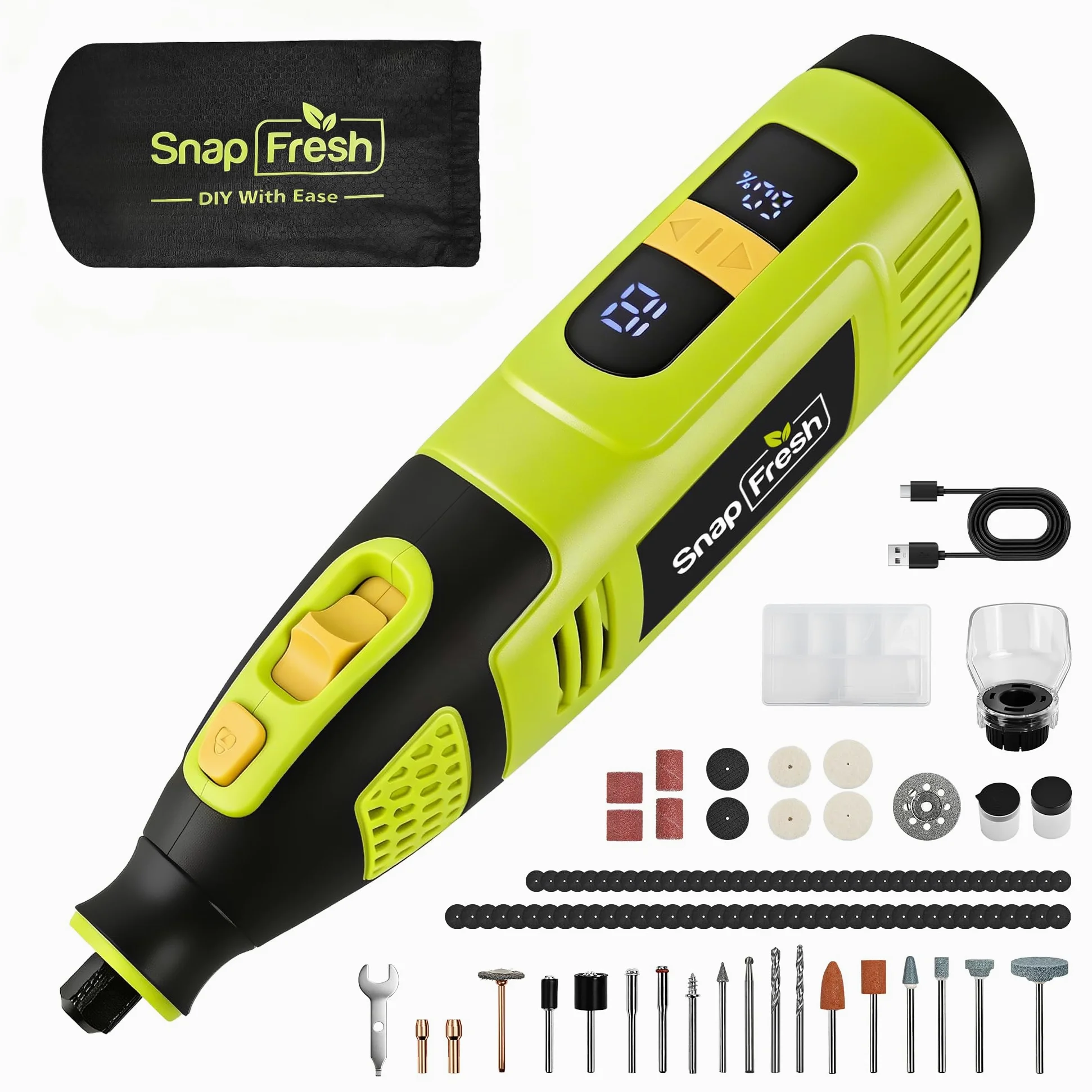 SnapFresh Utensile Rotante Multifunzione 12V Mini Trapano Elettrico, 111 Accessori, Velocità Variabile 5000–32000 giri/min, Display Digitale con Memoria, per Incisione, Levigatura, Lucidatura e Taglio