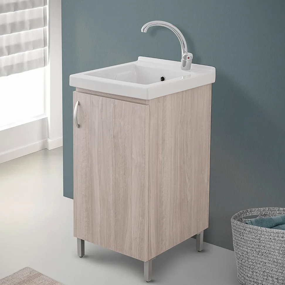 Mobile lavatoio Lavanderia in Legno con Vasca in Ceramica Resistente agli acidi, Completo di Kit sifone + piletta (Olmo, 45x50 cm 1 Anta)
