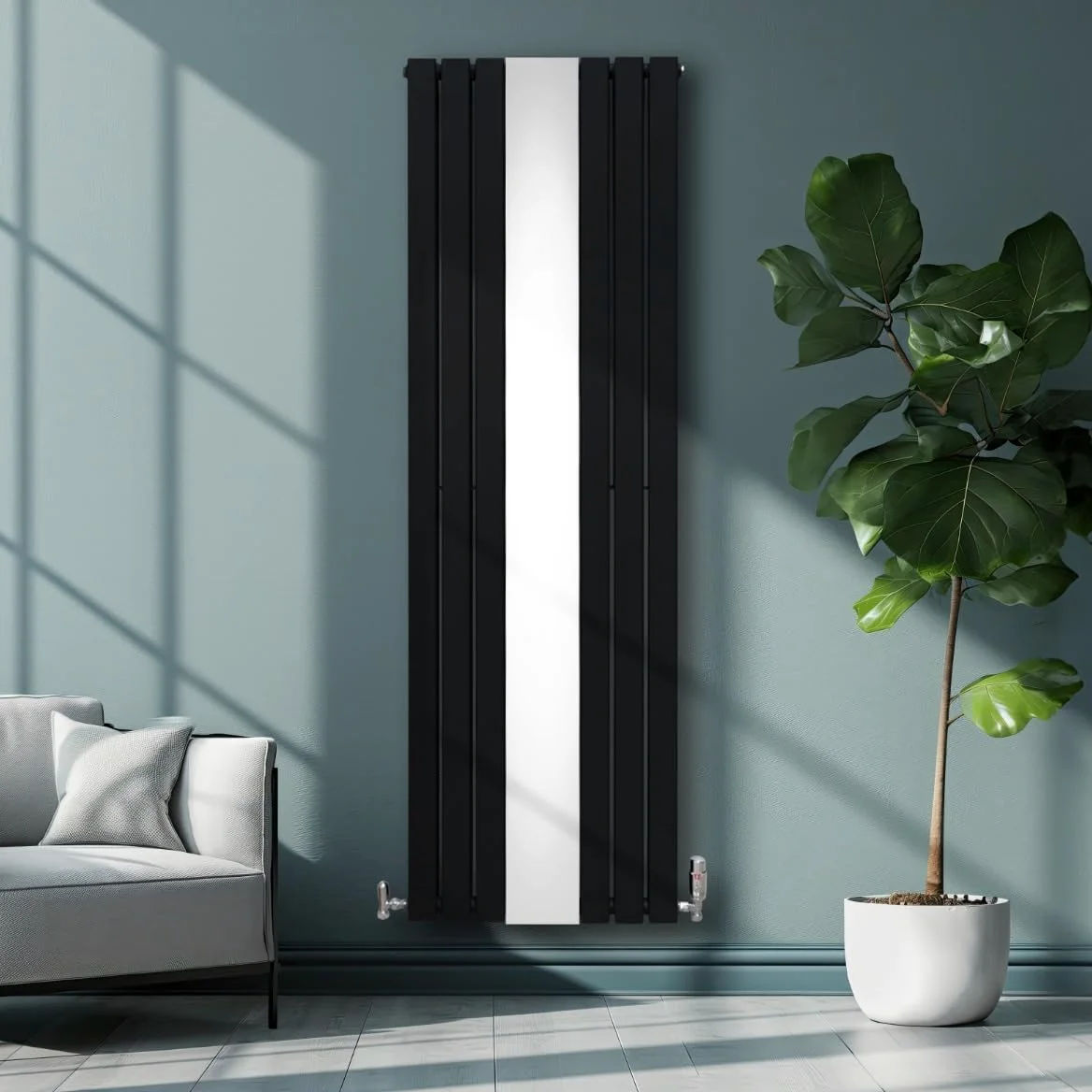 Radiatore con specchio 1800mm x 565mm e valvole TRV cromate Radiatore di design a doppia colonna verticale in acciaio al carbonio Nero Kit di fissaggio e staffe con spazzola di pulizia
