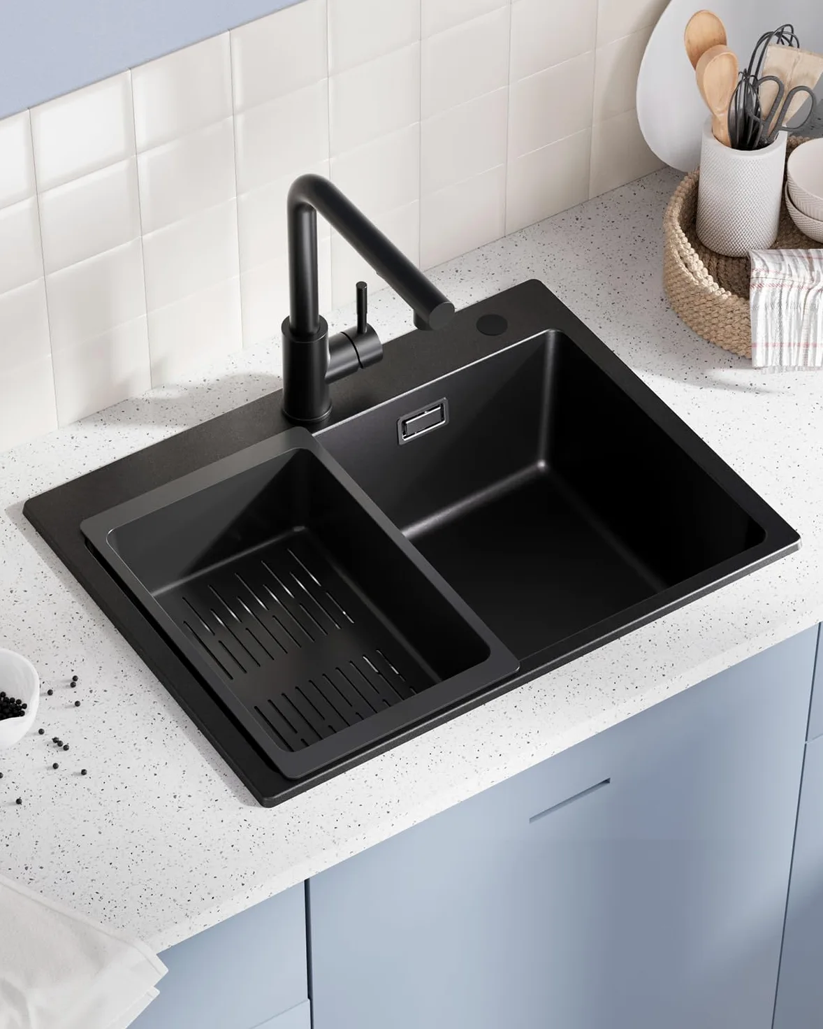 Lavello nero granito 60 x 45 cm, lavello nero, lavandino da cucina, grande lavello da cucina in granito, moderno lavello da incasso, rettangolare, singolo con 2 fori per rubinetto, 1 vasca