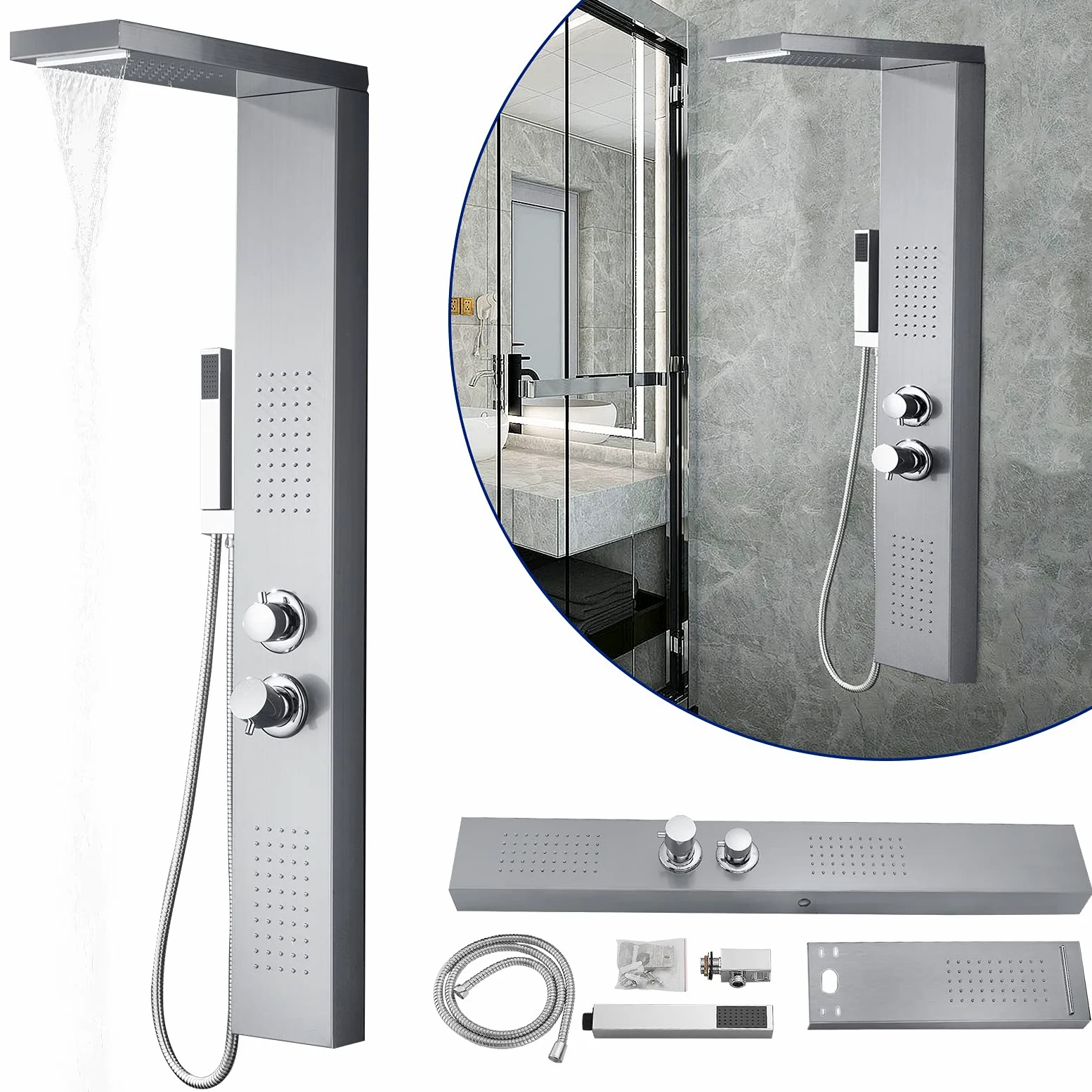 Froadp Sistema Doccia a Pioggia Pannello in Acciaio Inox Spazzolato Montaggio a Parete set Doccia con Doccia Idromassaggio Cascata e set Doccia Doccetta Lusso per Bagno (D'argento)