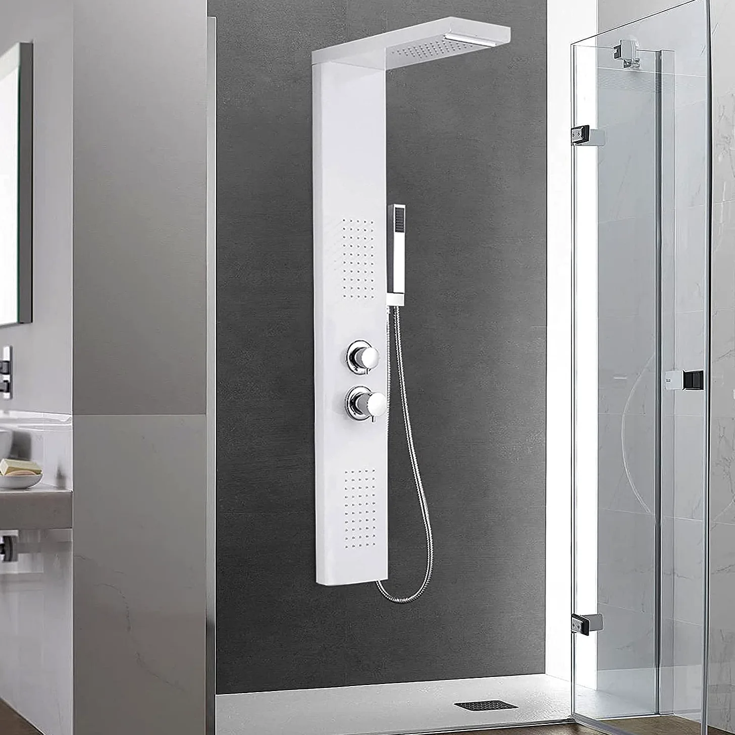 LARS360 Pannello doccia rubinetto doccia in acciaio inox 4 in 1 sistema doccia con doccetta a pioggia, doccia a pioggia, doccia a cascata, set doccia per bagno doccia, pannello doccia bianco