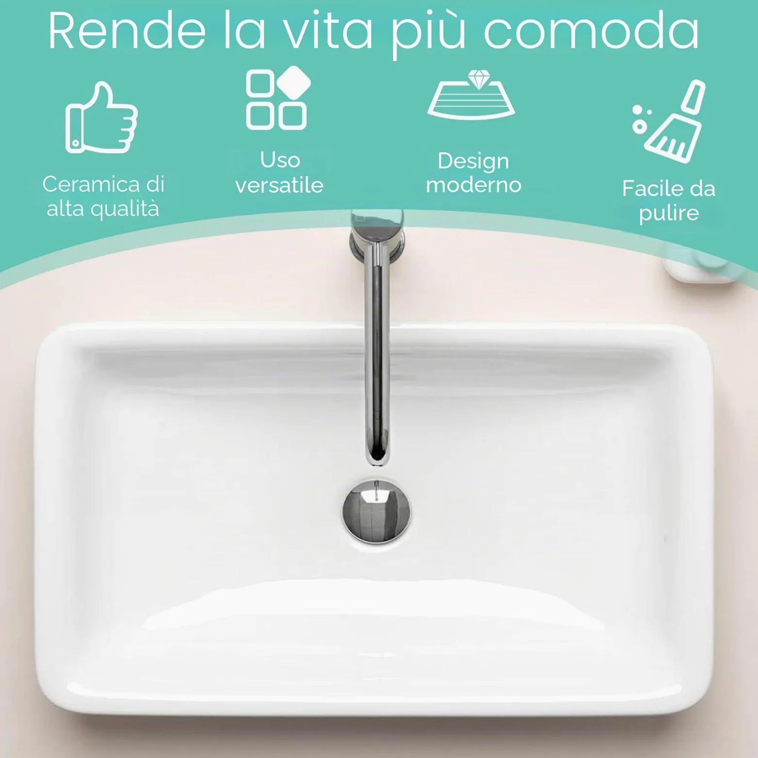 LIFEZEAL Lavandino Bagno, Lavabo da Appoggio, 60 x 35 x 11 cm, Lavabo Bagno, Glassa in Porcellana, Rettangolare, Scarico Escamotable, Ideale per Casa Ristorante e Hotel, Bianco