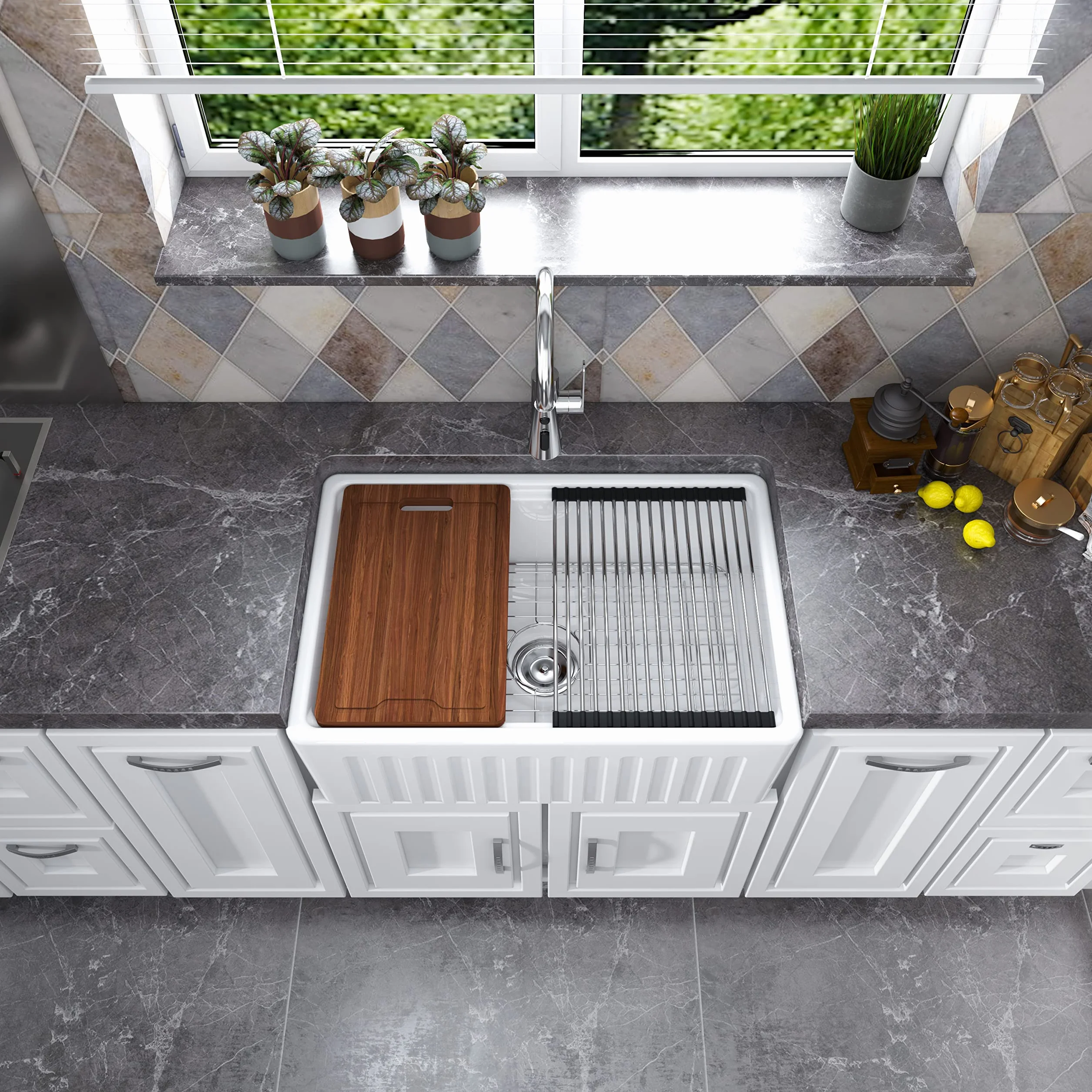 MEJE 76.2 x 50.8 CM Grembiule-front Rim Rim Workstation Farmhouse Lavello da cucina, ciotola singola in ceramica con tagliere, griglia e filtro - bianco