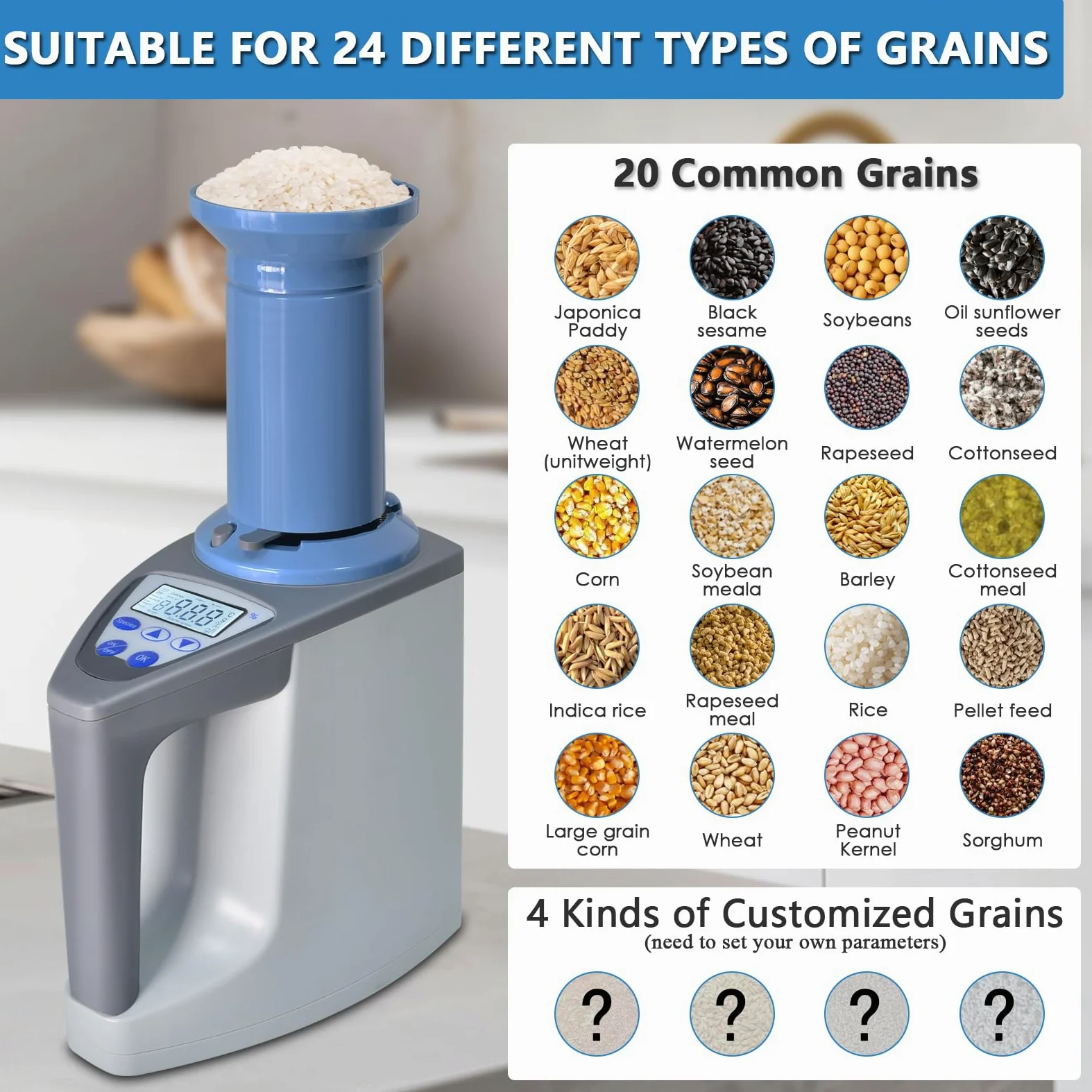 Misuratore di umidità professionale per cereali, tester di umidità per oltre 20 cereali, misura peso, densità, temperatura, con display LCD, rilevatore di umidità per grano, mais, riso, raccolto
