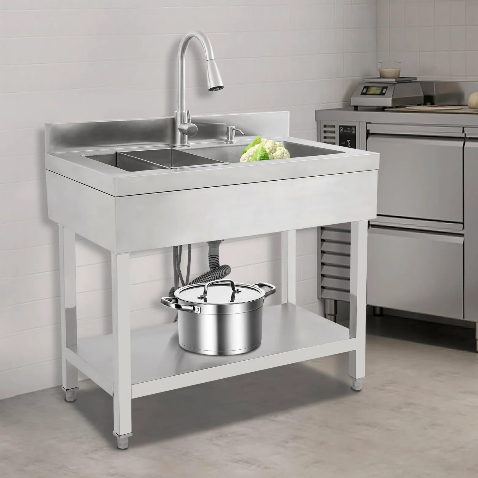 Lavello da cucina in acciaio inox, autoportante, in acciaio inox, 1 vasca, armadietto con lavello rubinetto, freestanding, cestello filtro per case, bagni, fattorie, cortili