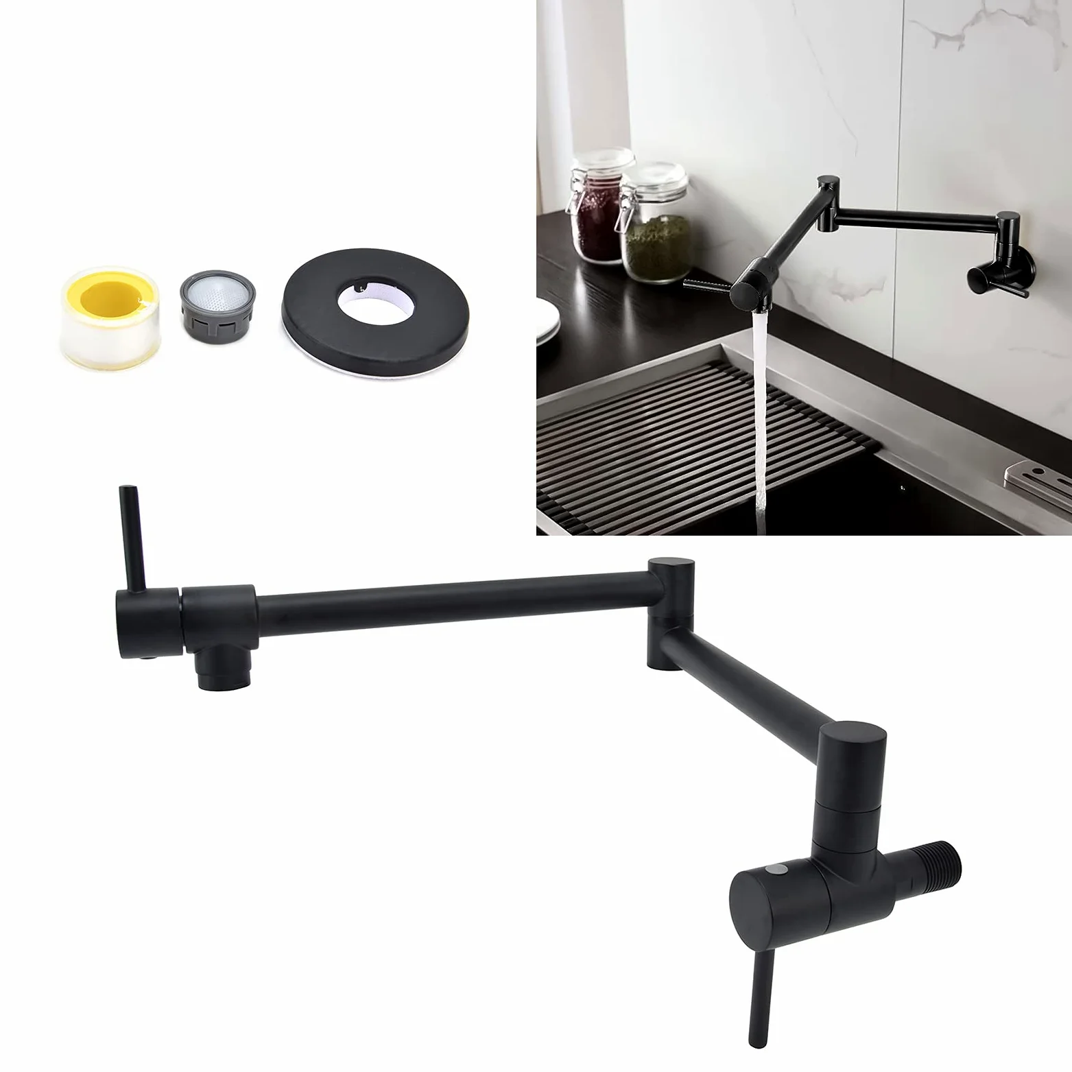 Rubinetto per riempimento pentole Nero, Rubinetto per fornelli da cucina con montaggio a parete, Rubinetto per lavello commerciale in ottone, Braccio pieghevole oscillante, Foro singolo estensibile a