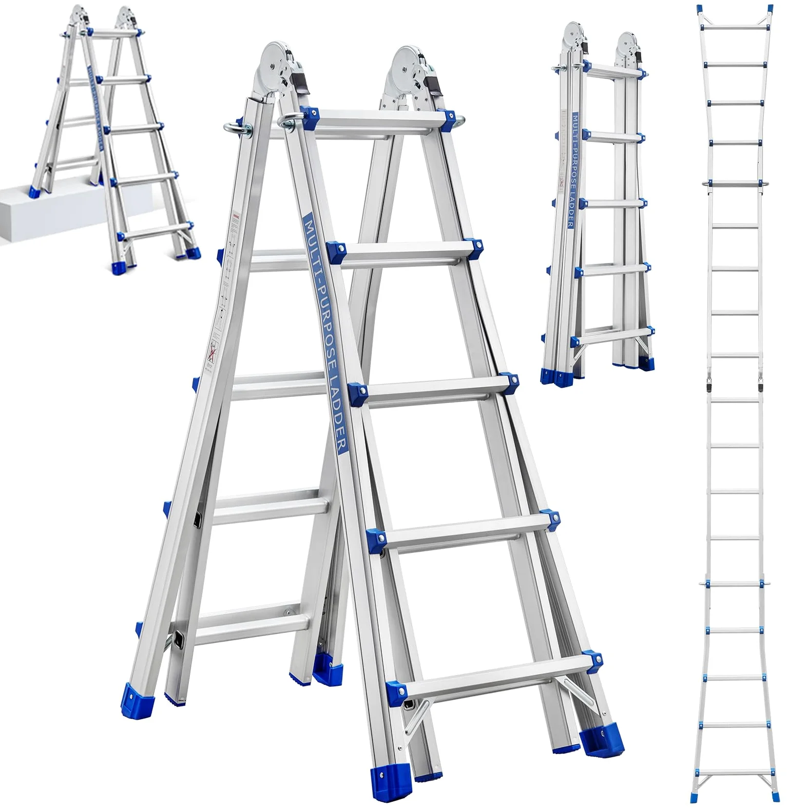 STANEW Scala Singola in Alluminio Multiuso 5,1m 4x5 pioli, Scala Multifunzione Telescopica Professionale, Pieghevole, Cavalletto di Prolunga, a Gradini e Bifacciale, Portata Max 150 Kg