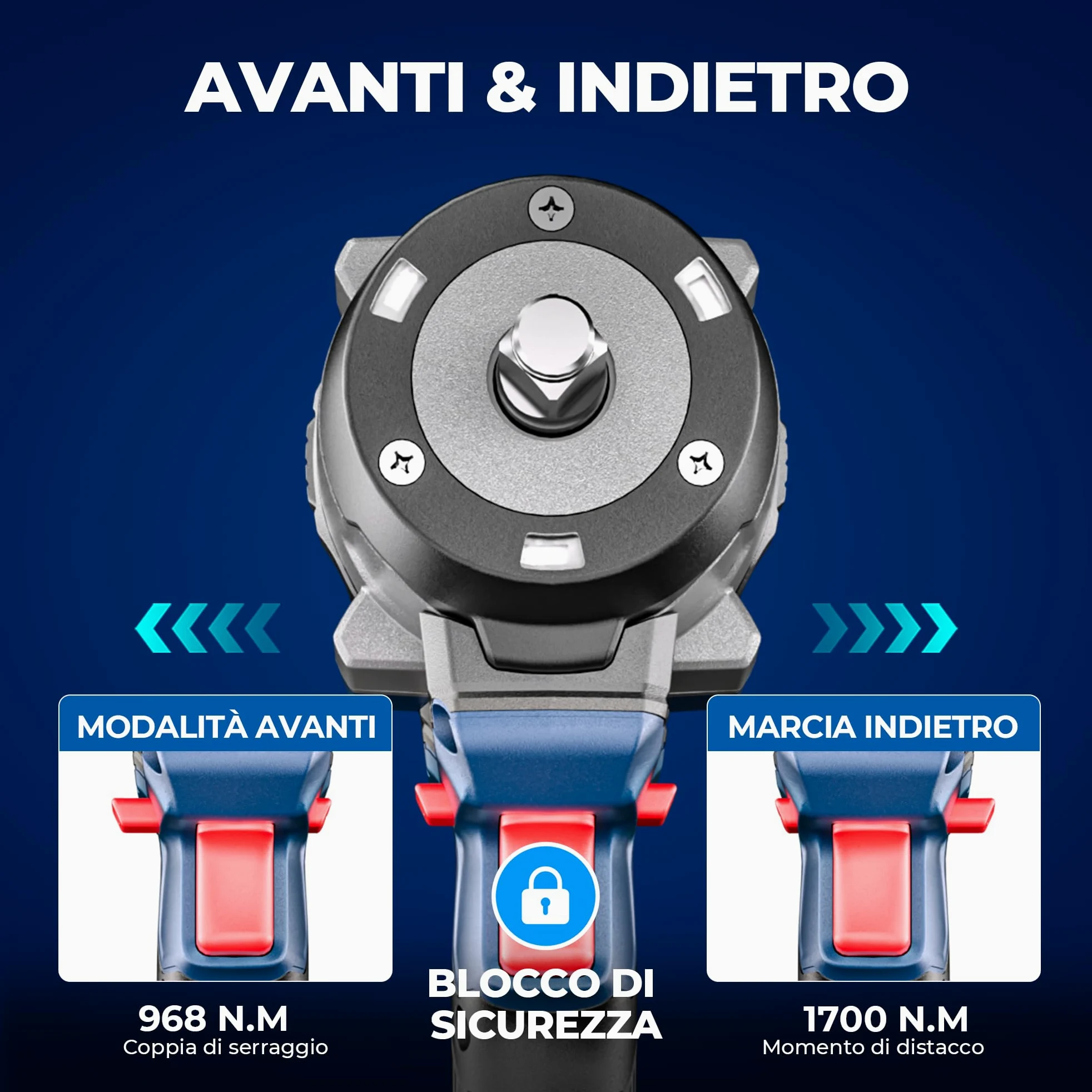 Dong Cheng Chiave a impulsi senza fili Brushless 1/2", 1700 Nm, 3 vel. 0-1900 giri/min, 2x5,0Ah + carica rapida + 3 bussole, per bulloni arrugginiti M10-M24