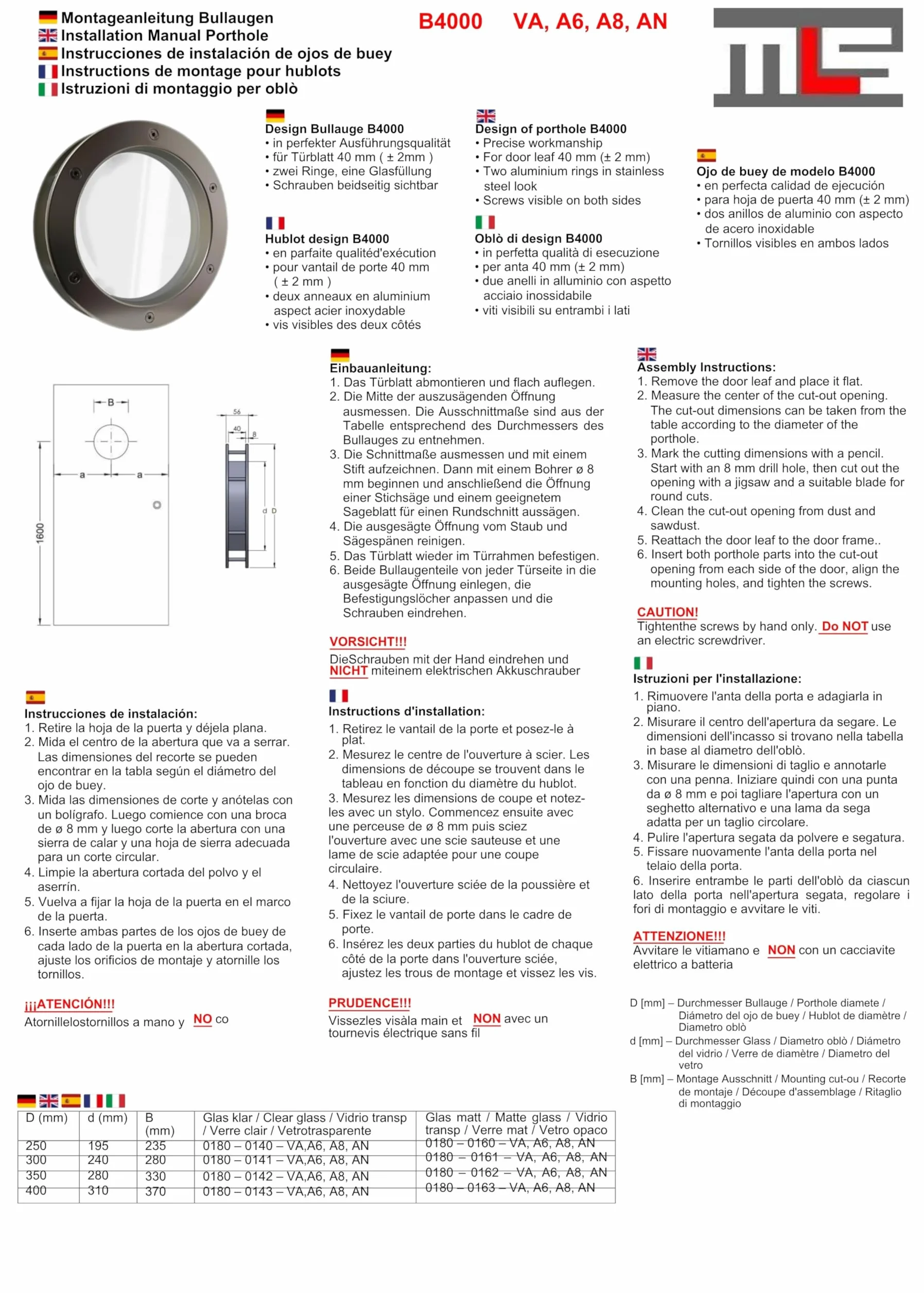 MLS Oblò B4000, Oblò per Porte, in Acciaio Inox, Vetro di Sicurezza, Adatto ha Porte di Spessore 40 mm, Viti di Fissaggio Visibili su Entrambi i Lati, Diametro 400 mm, Vetro Trasparente