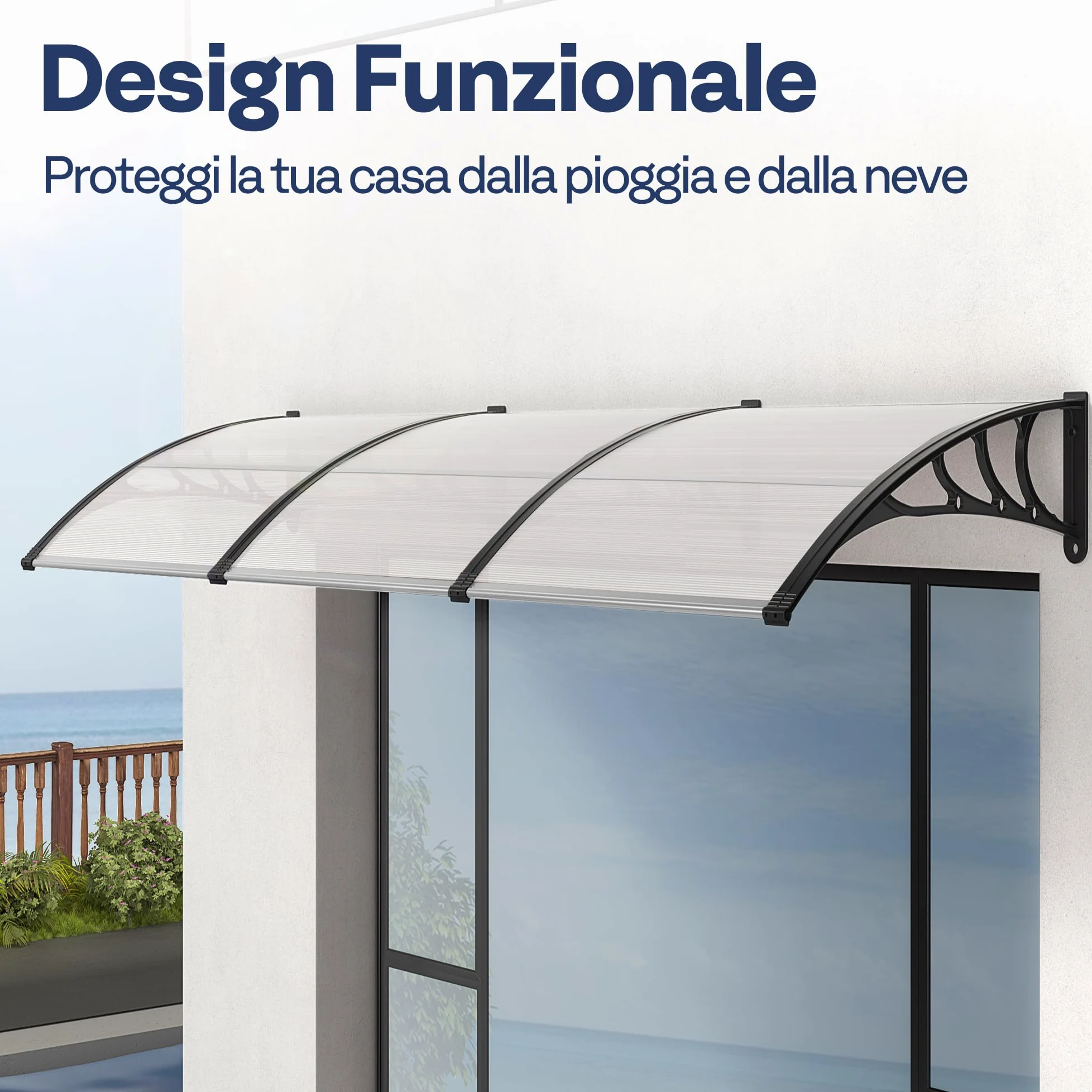 VIVOHOME Pensilina da Esterno Tettoia per Porta 300x100cm Antipioggia in Policarbonato Alluminio Resistente per Porta Finestra Balcone Trasparente