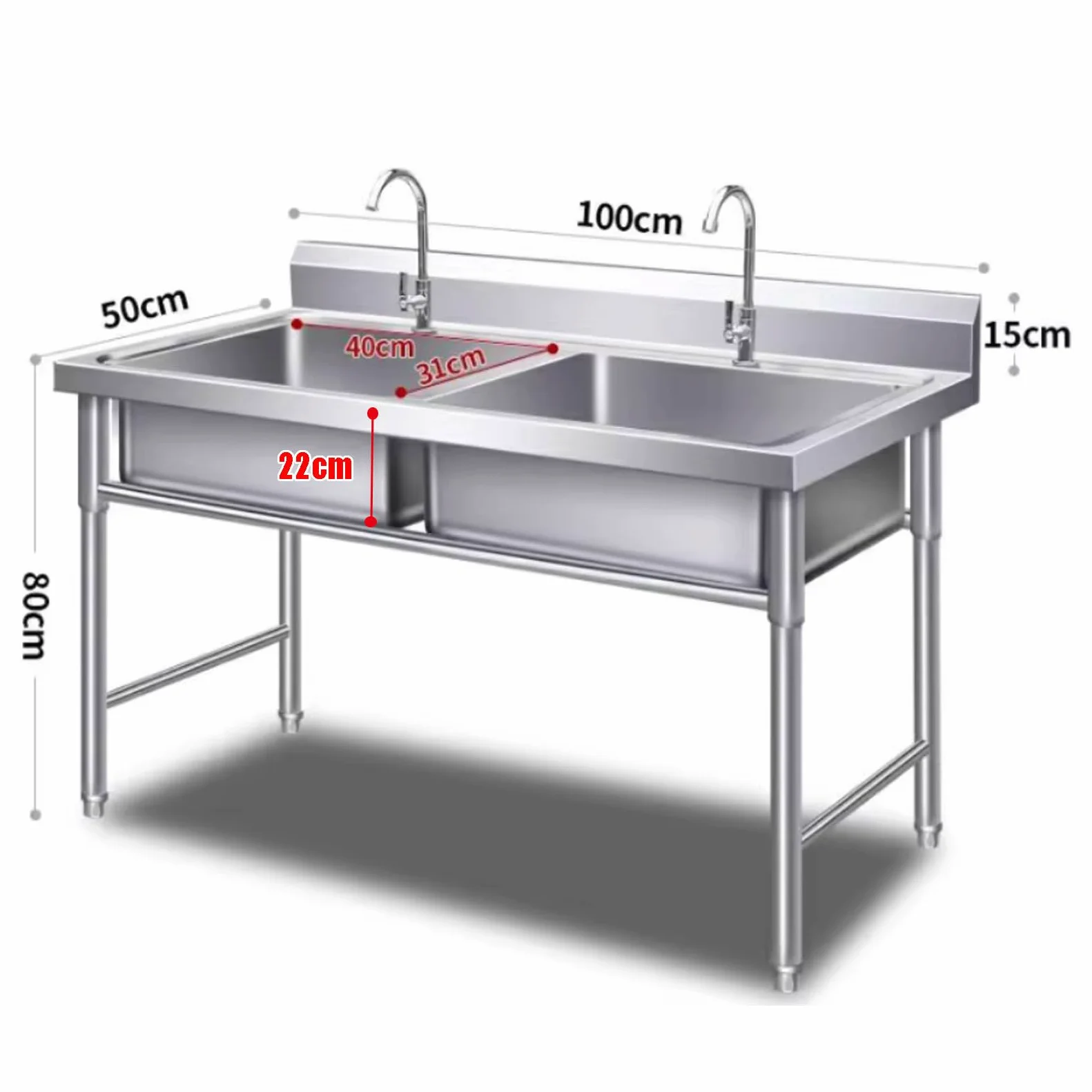 Lavandino Utilitario Grande a Doppio Vaso, Lavandino Commerciale in Acciaio Inox 304 per Lavaggio a Mano con Rubinetto per Acqua Fredda per Esterni, Garage, Lavanderia, Giardino 100cmx50cmx80cm