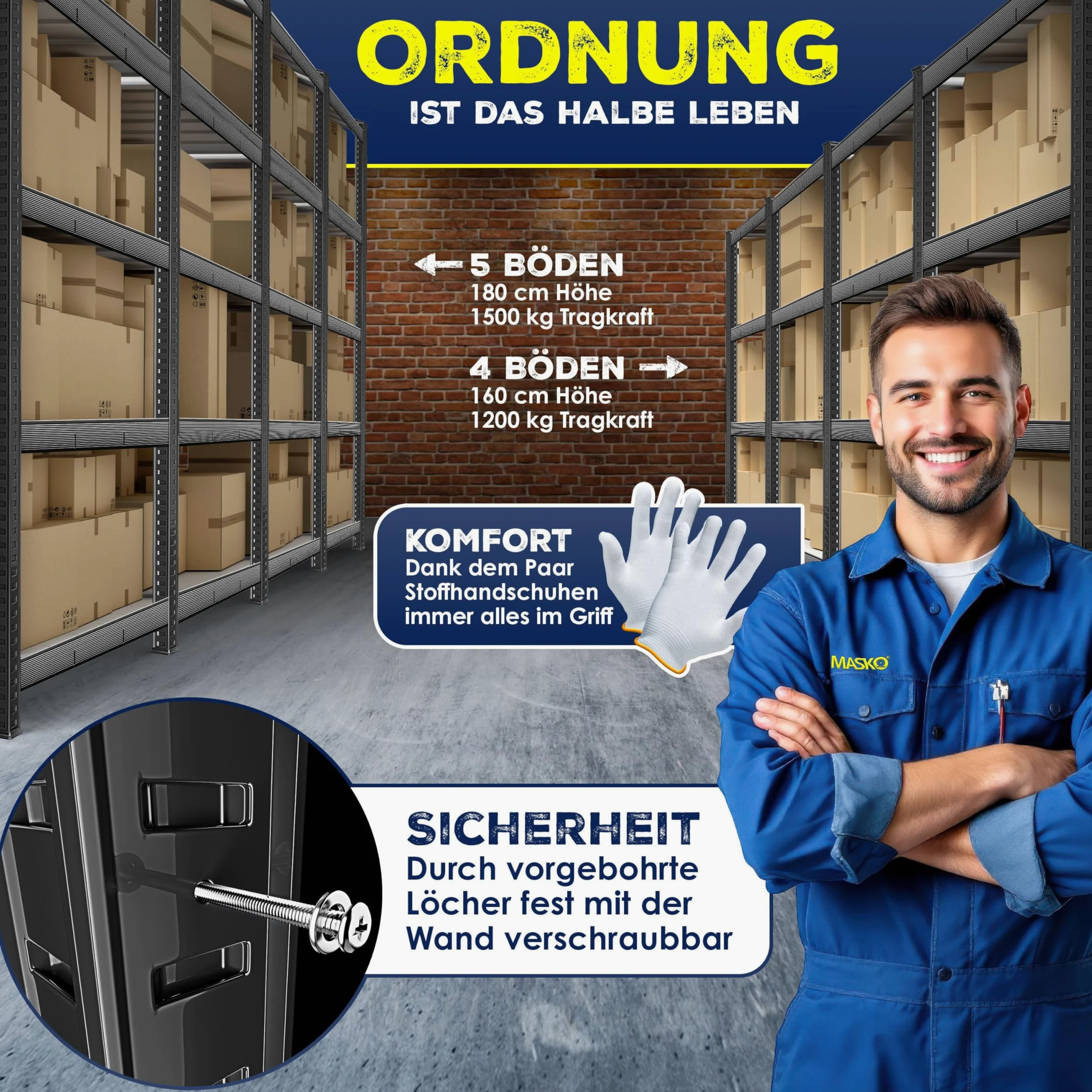 MASKO Scaffale portaoggetti per carichi pesanti, 180 x 160 x 60 cm, carico massimo: 1500 kg, 5 ripiani regolabili, pannelli in MDF in metallo, ripiano ad innesto, scaffale da officina, struttura in