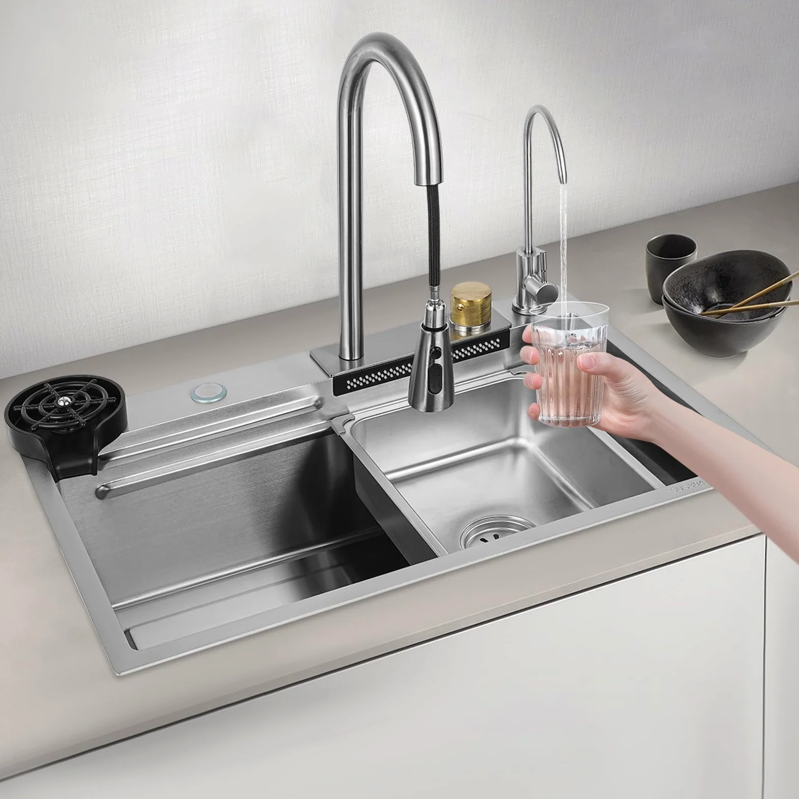 Lavandino da cucina a cascata, lavello in acciaio inox, lavelli per la casa, lavello integrato con rubinetto rimovibile