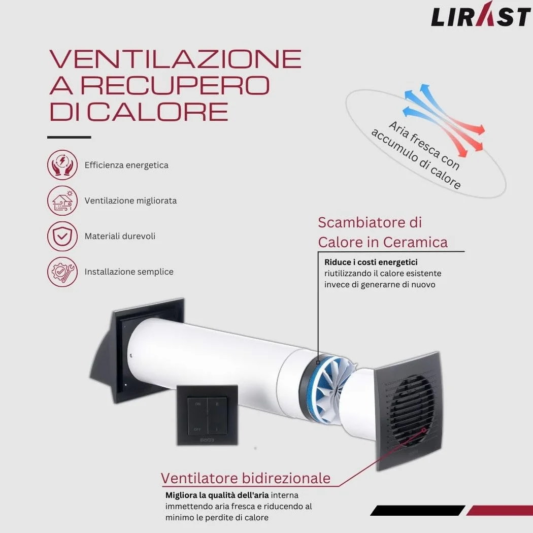 100mm Ventilazione Meccanica Controllata VMC Doppio Flusso Recupero Calore con Interruttore - Antracite VMC Recuperatore di Calore Doppio Flusso