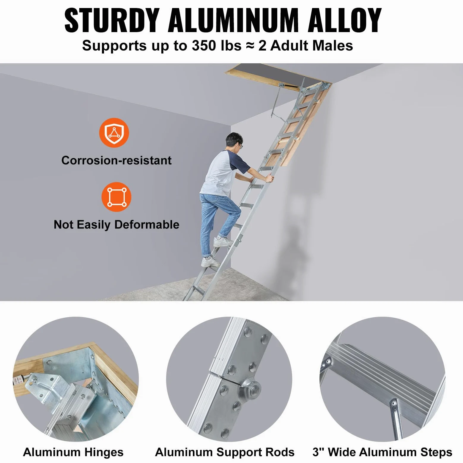 VEVOR Scaletta Pieghevole per Soffitta Scala in Alluminio Regolabile Capacità di Carico 158 kg 56x392 cm Estensione Multiuso Facile da Installare per Attico Ufficio Casa Altezza Applicabile 2,9-3,66 m